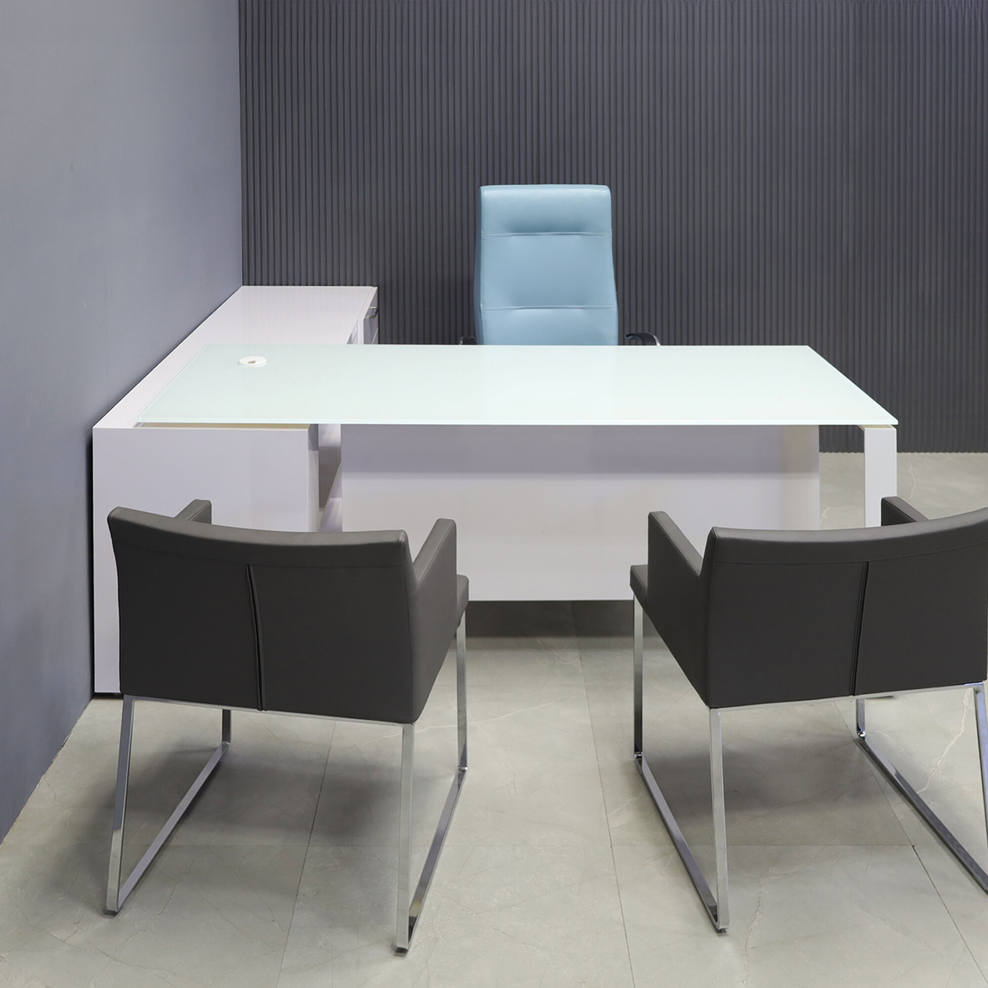 72-inch Aspen Executive Desk with Credenza with 1/2" white tempered glass top, credenza & privacy panel covered in white gloss laminate, and white metal leg, shown here.