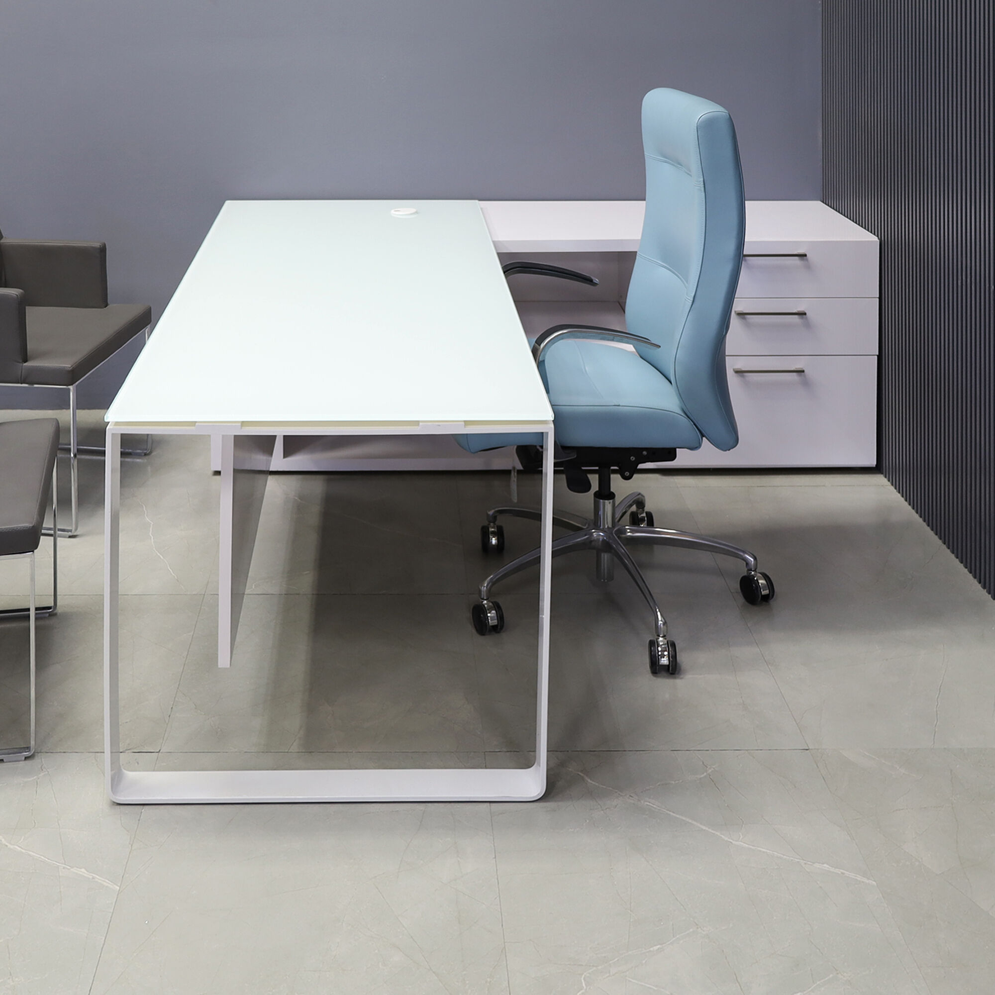 72-inch Aspen Executive Desk with Credenza with 1/2" white tempered glass top, credenza & privacy panel covered in white gloss laminate, and white metal leg, shown here.