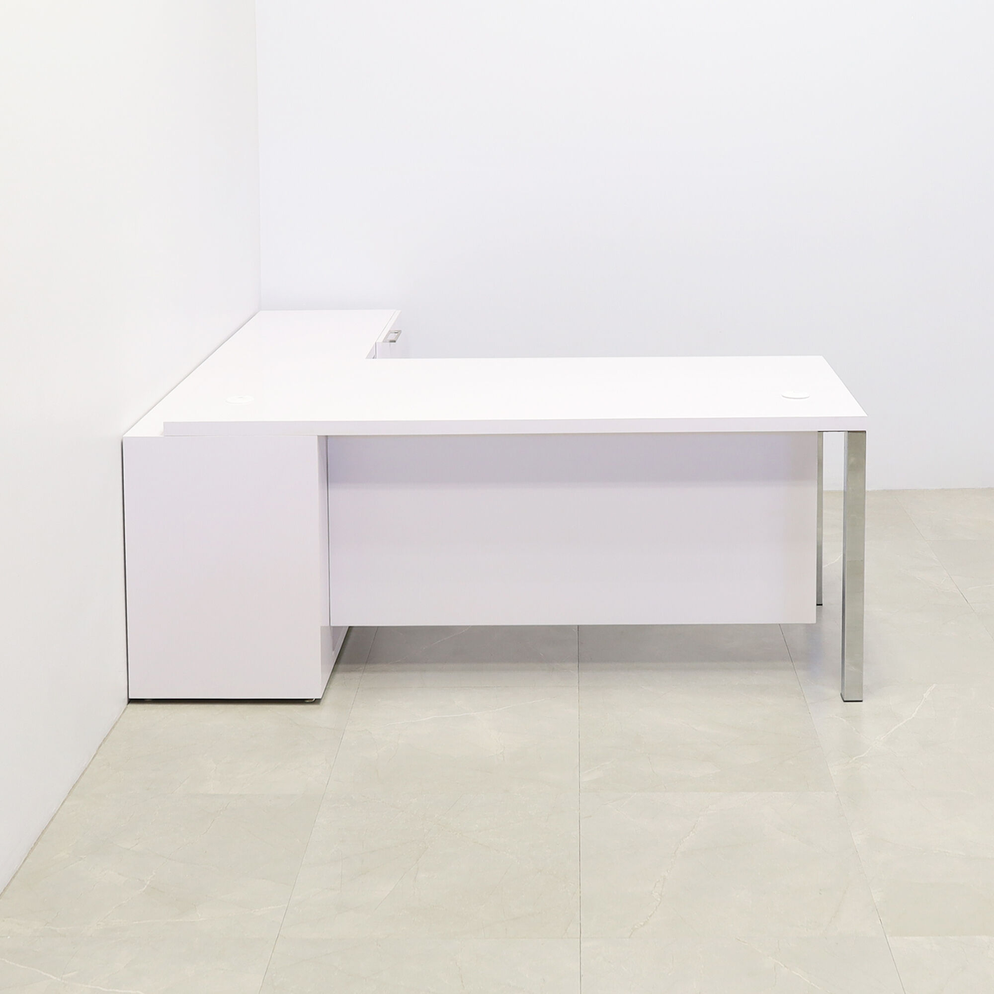 72-inch Dallas Executive Desk with credenza on the right side when sitting, in white gloss laminate top, credenza & privacy panel, and chromed legs, shown here.