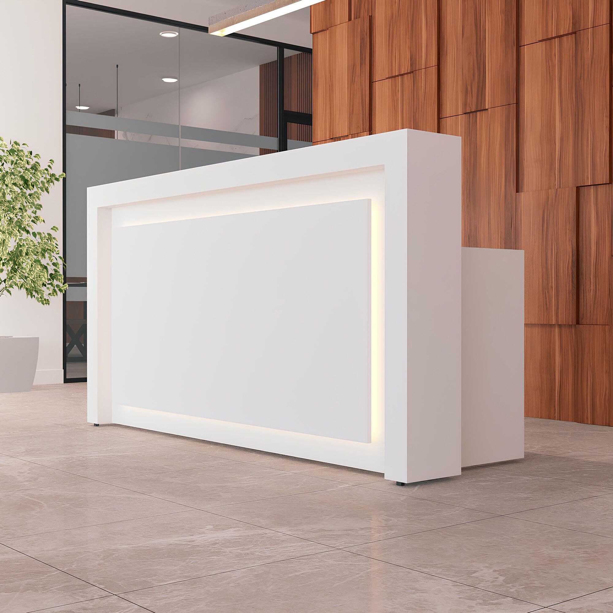72-inch New York Straight Shape Custom Reception Desk in white gloss laminate main desk, front panel, and accent recessed, with warm white LED, shown here.