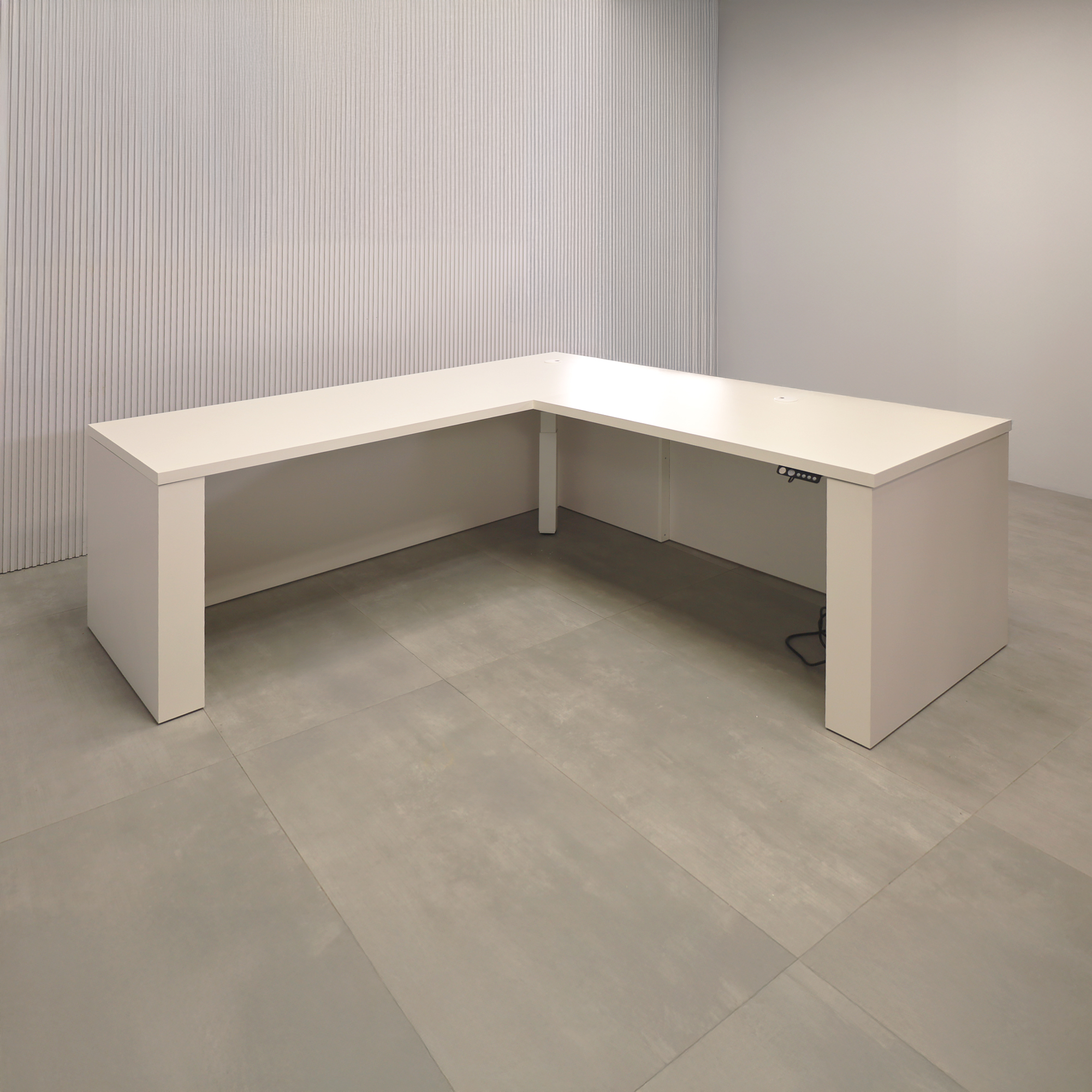 80-inch Denver L-Shape with Sit-Stand Mechanism and Dover Off-White matte laminate Top, Dover Off-White matte laminate Base, Washed Oak & Natural tabour privacy panel, and White metal powder coated legs.