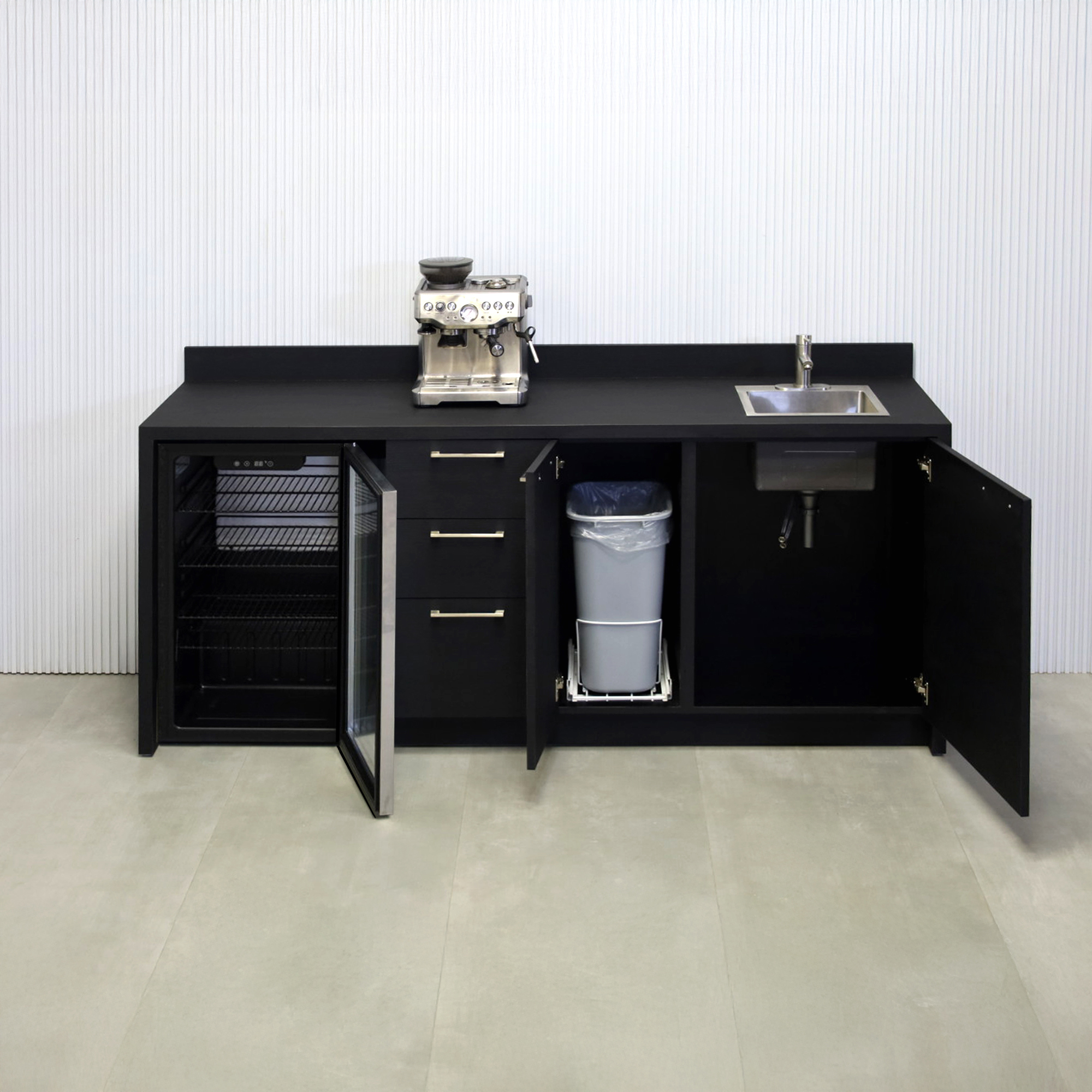 84-inch Sweetwater Kitchenette with Black Cinder matte laminate top, Black Cinder matte laminate main body, and Black liner interior.