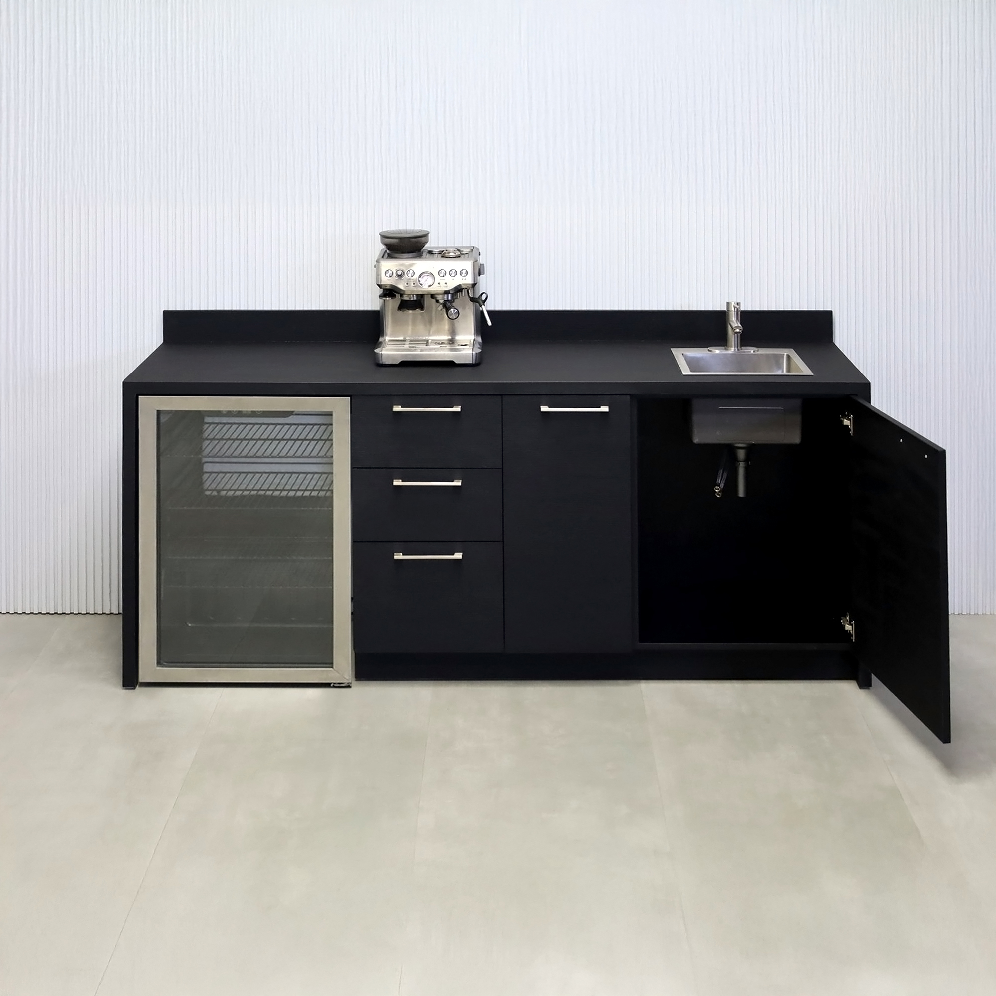 84-inch Sweetwater Kitchenette with Black Cinder matte laminate top, Black Cinder matte laminate main body, and Black liner interior.