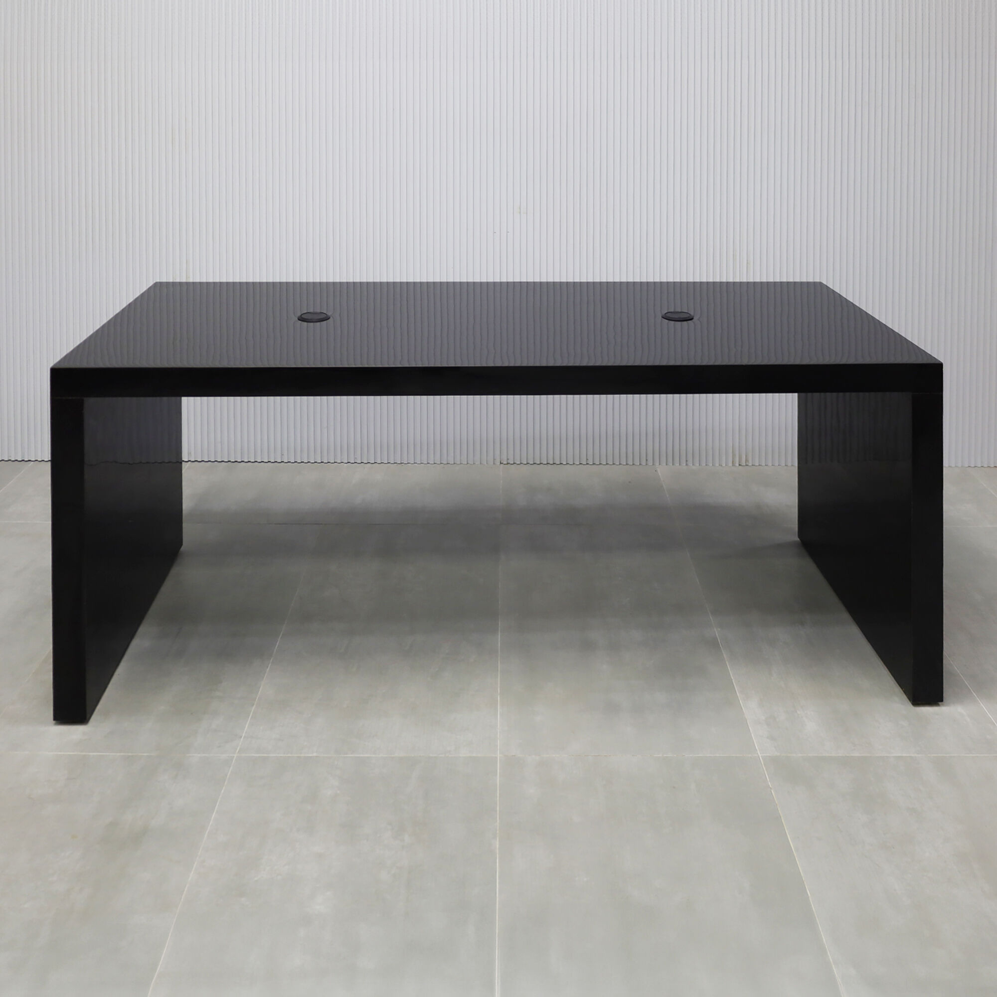84-inch Ashville Laminate Collaboration Table in Black Gloss Laminate Finish, with two black MX1 power boxes.
