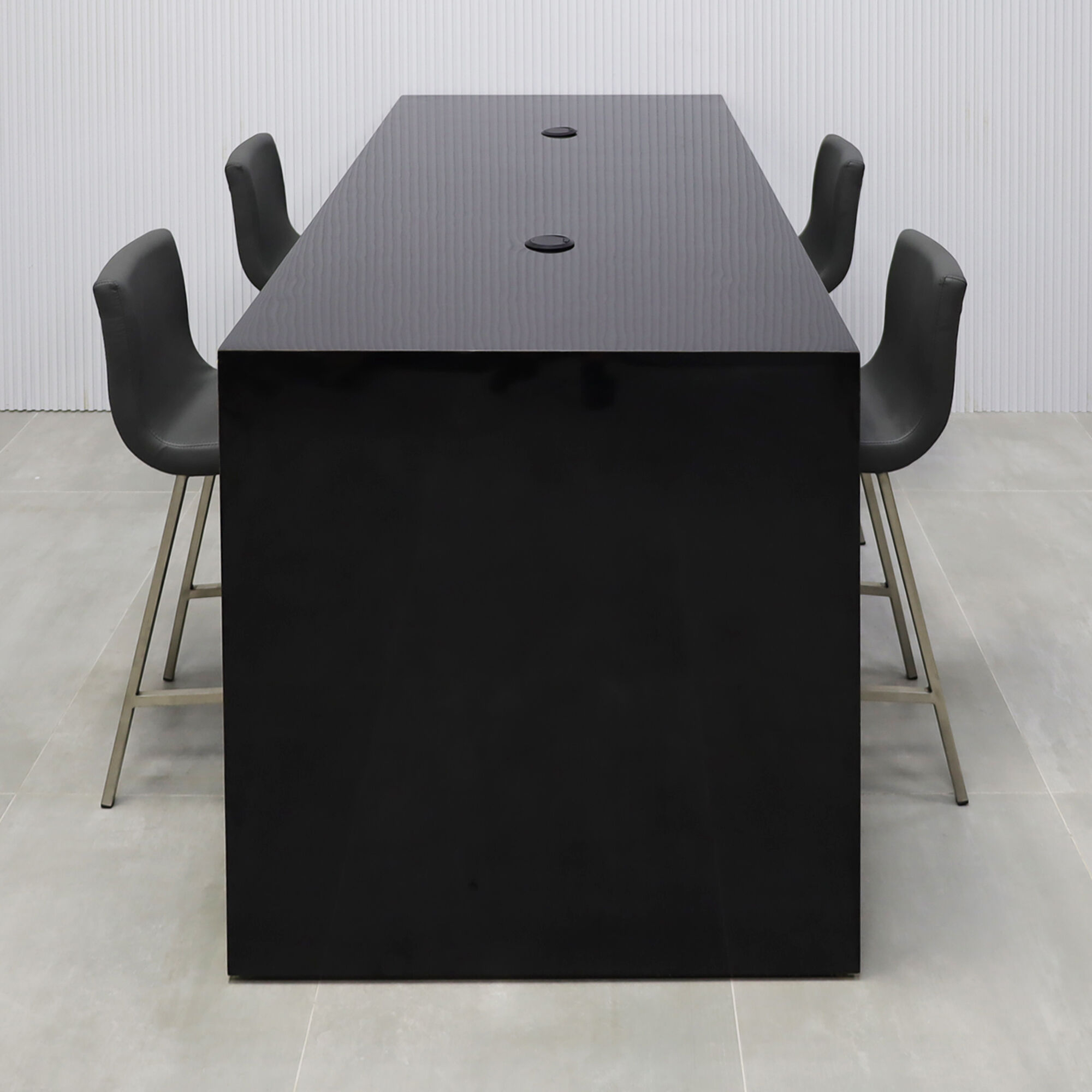 84-inch Ashville Laminate Collaboration Table in Black Gloss Laminate Finish, with two black MX1 power boxes.
