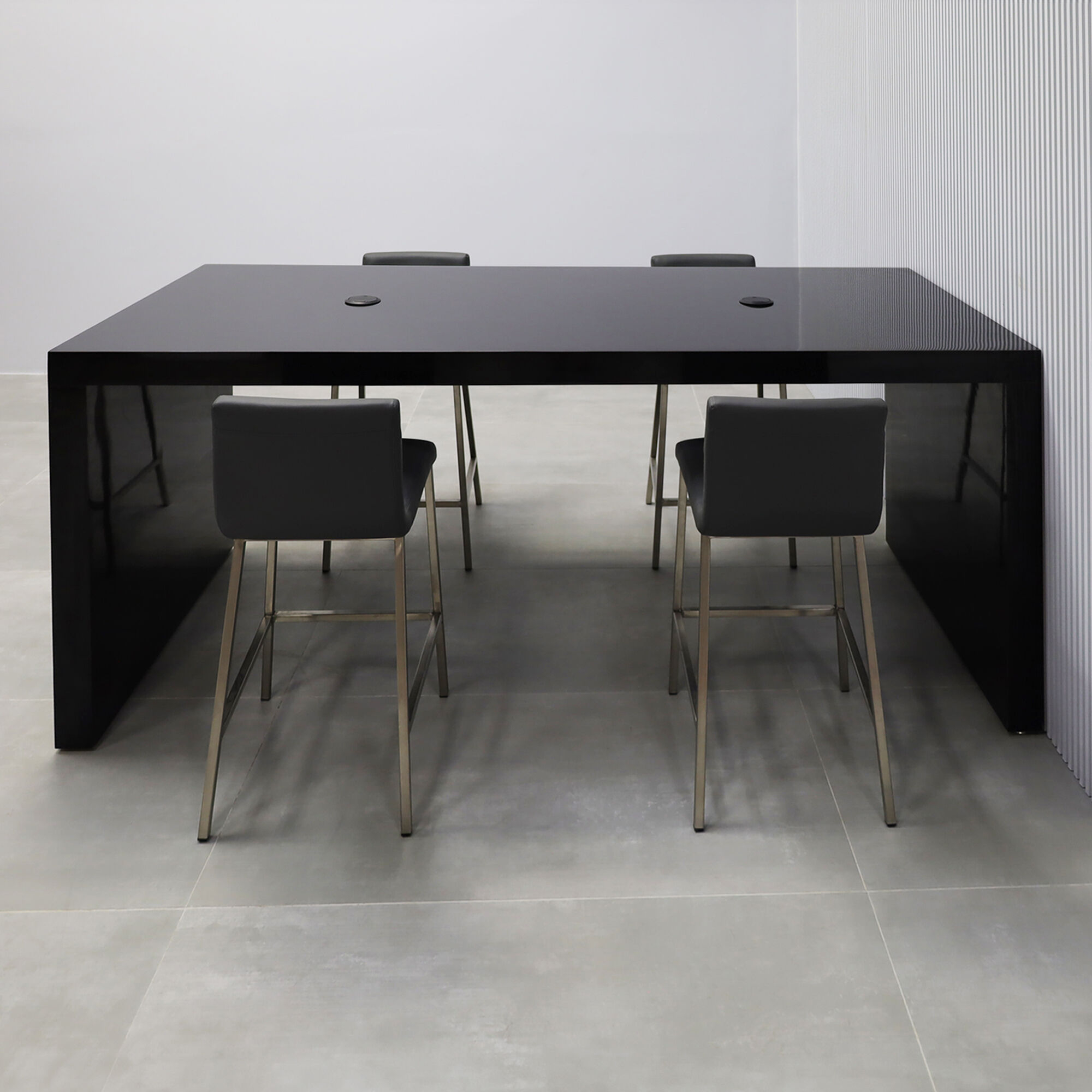 84-inch Ashville Laminate Collaboration Table in Black Gloss Laminate Finish, with two black MX1 power boxes.