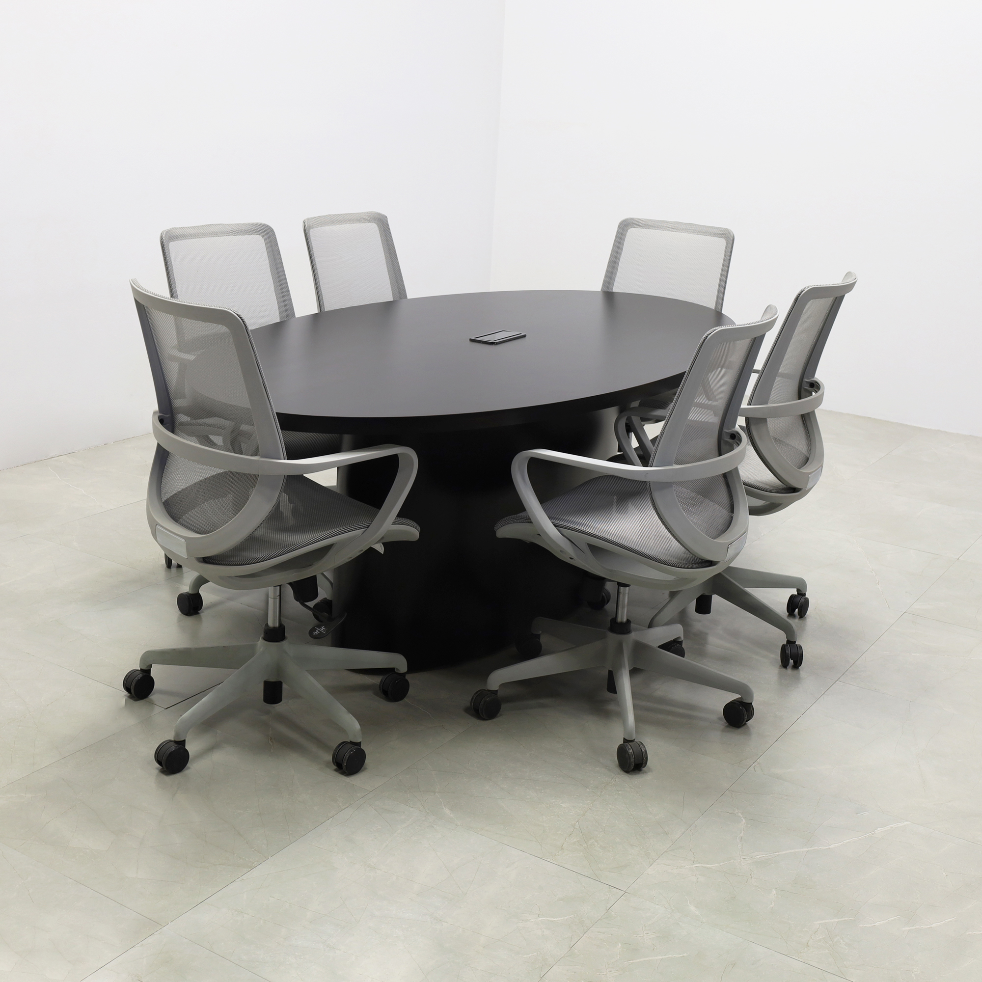 84-inch Newton Oval Conference Table With Laminate Top & base in black matte laminate, and black power box.