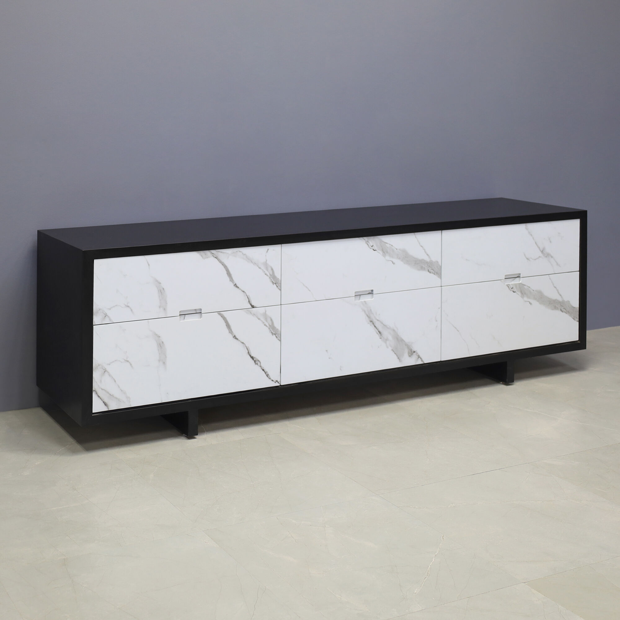 84-inch Seattle storage credenza in black traceless laminate credenza, and calcutta stone PVC doors.
