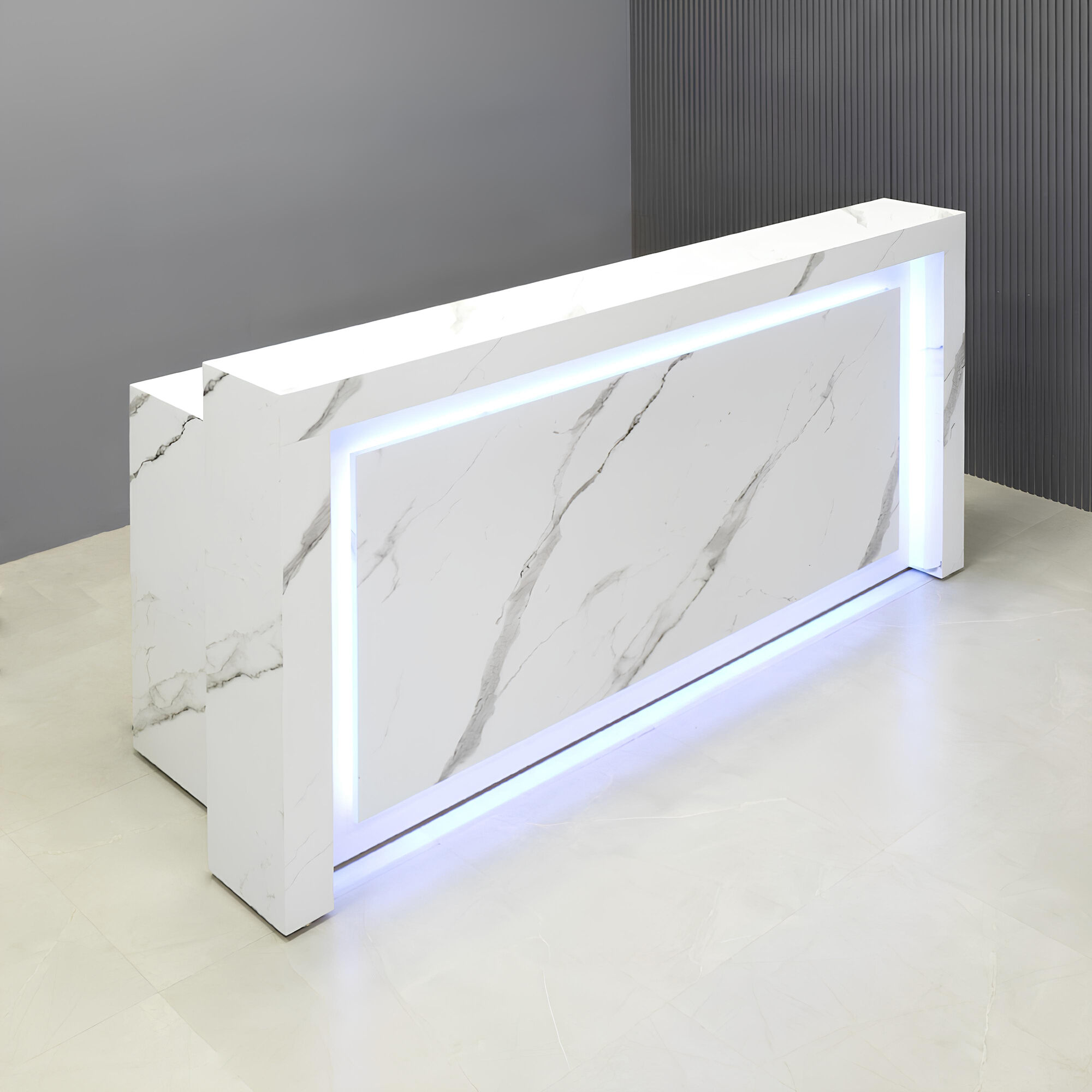 84-inch New York Straight Shape Custom Reception Desk in calcutta blanc stone pvc main desk and front panel, and white gloss laminate accent recessed, with warm white LED, shown here.