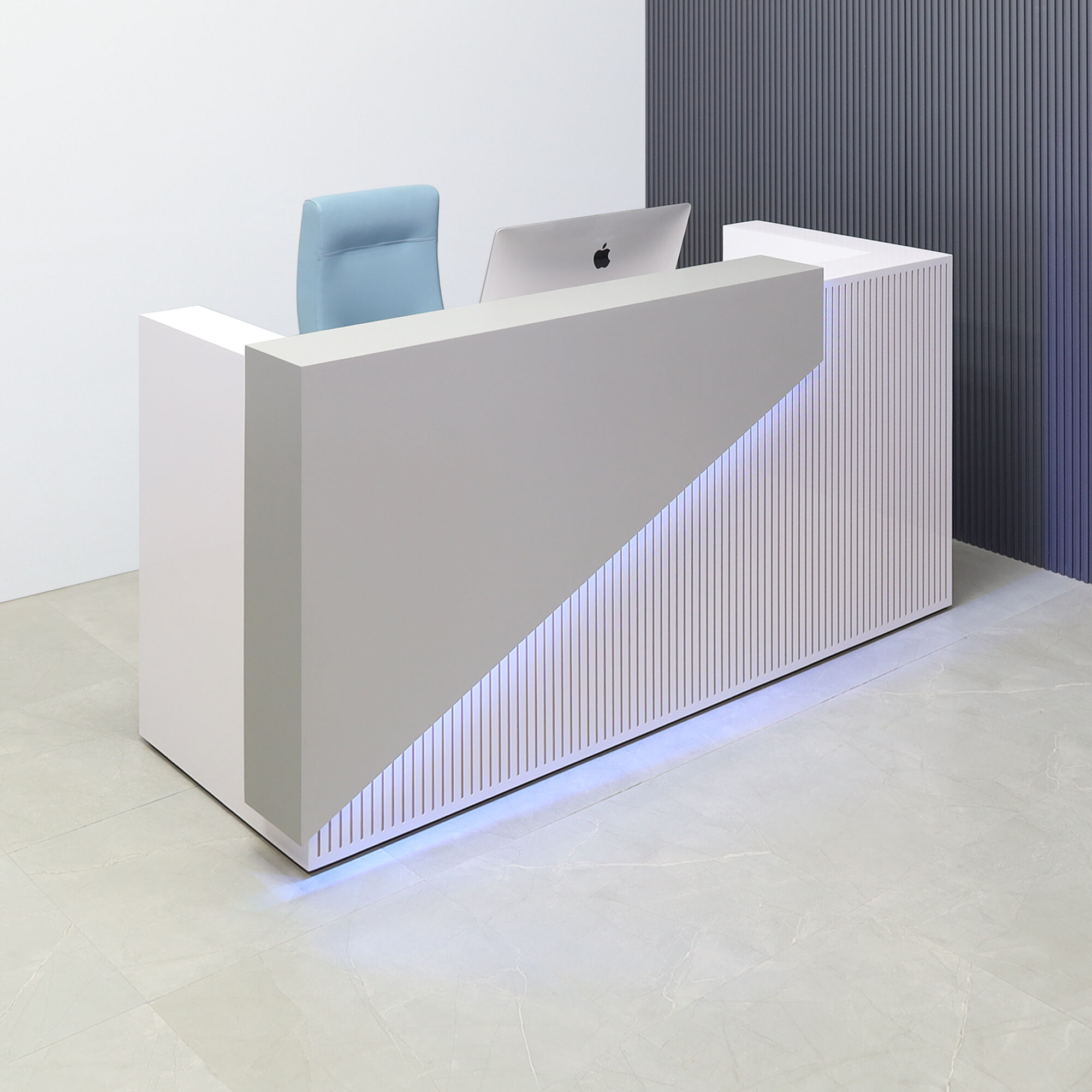 84-inch Miami Custom Reception Desk in fog gray laminate counter, white gloss laminate grooved front panel and desk, with color LED, shown here.