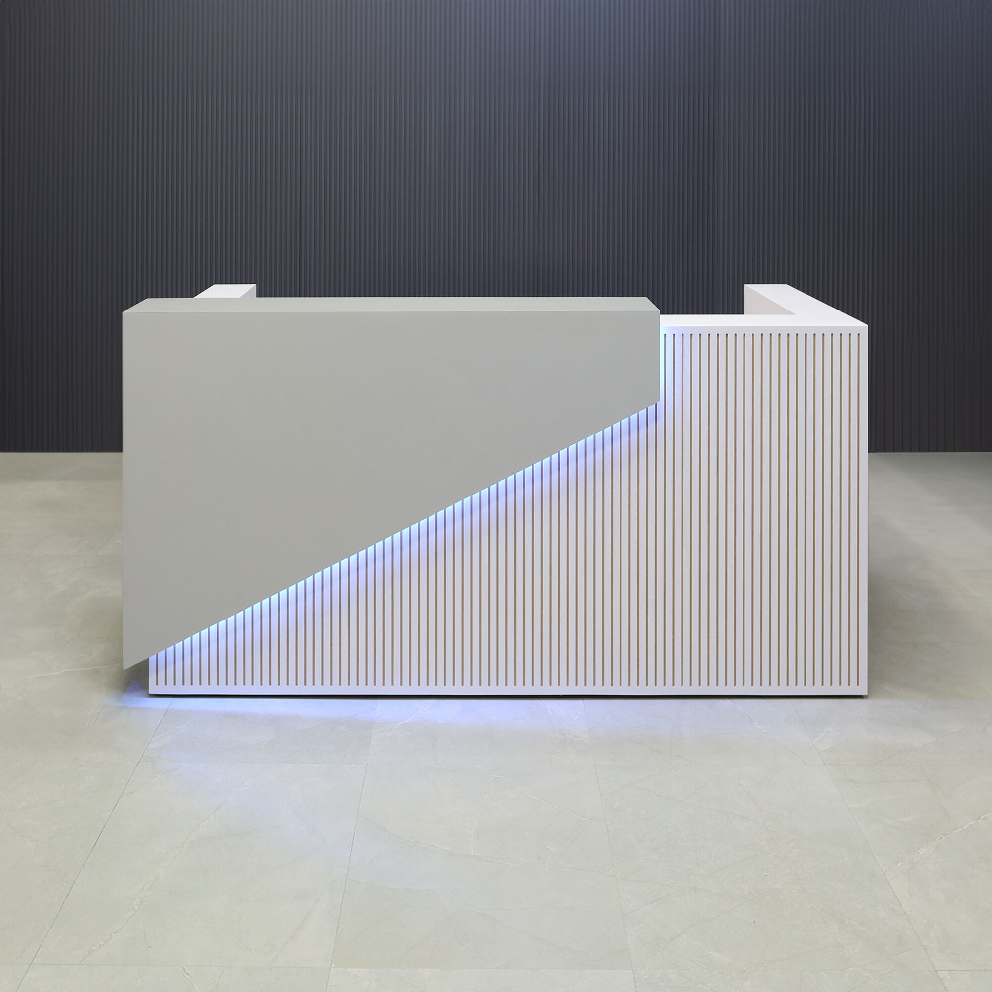 84-inch Miami Custom Reception Desk in fog gray laminate counter, white gloss laminate grooved front panel and desk, with color LED shown here.