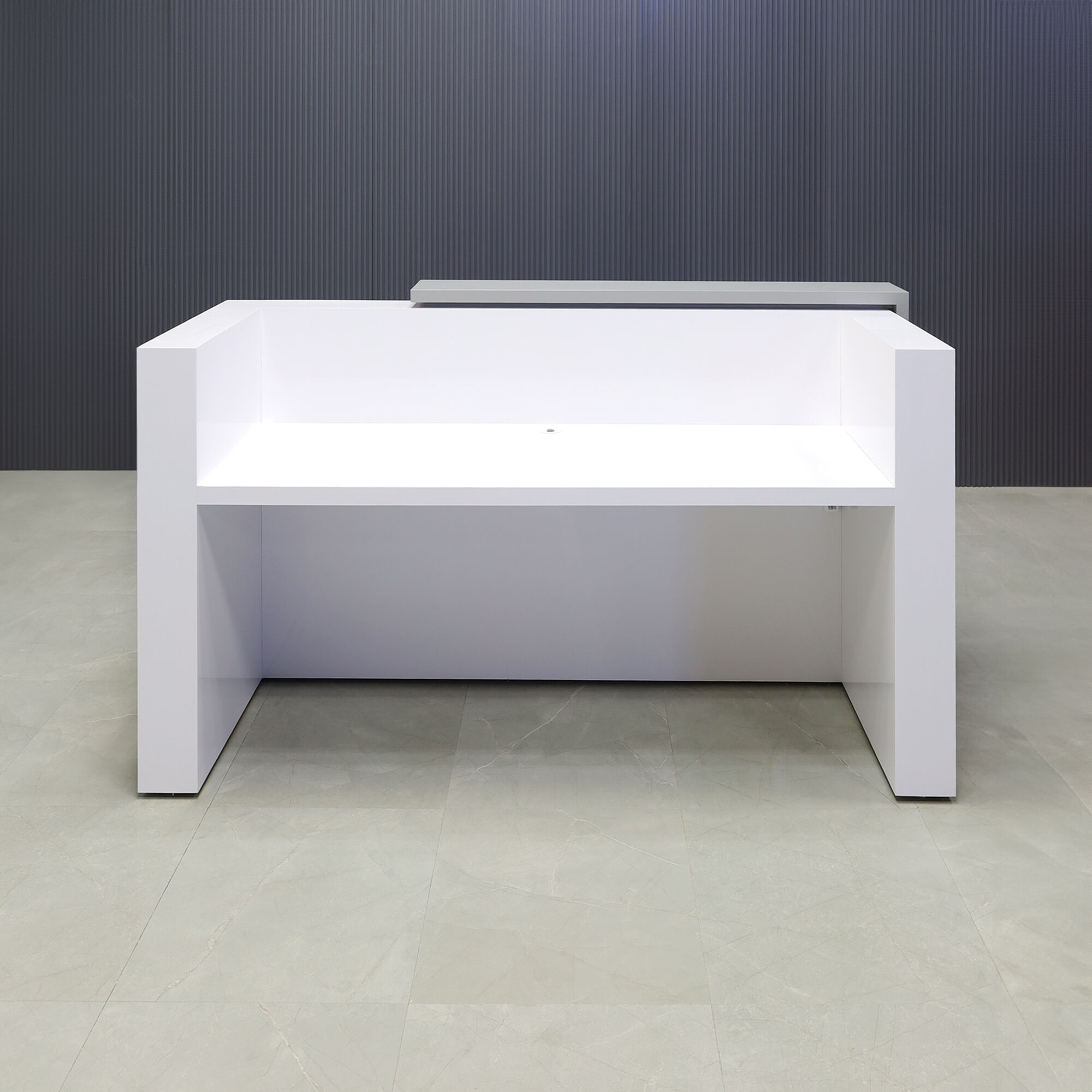 84-inch Miami Custom Reception Desk in fog gray laminate counter, white gloss laminate  grooved front panel and desk, with color LED, seating side view shown here.