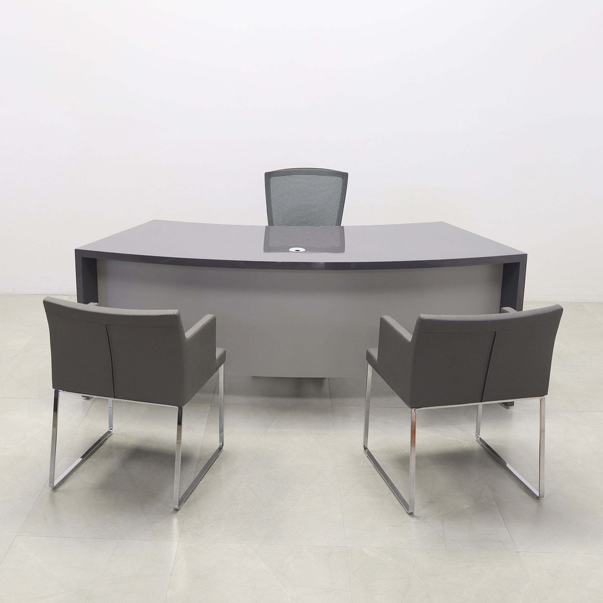 84-inch Seattle Curved Executive Desk in storm gray gloss laminate main desk, and light gray gloss laminate front panel, shown here.