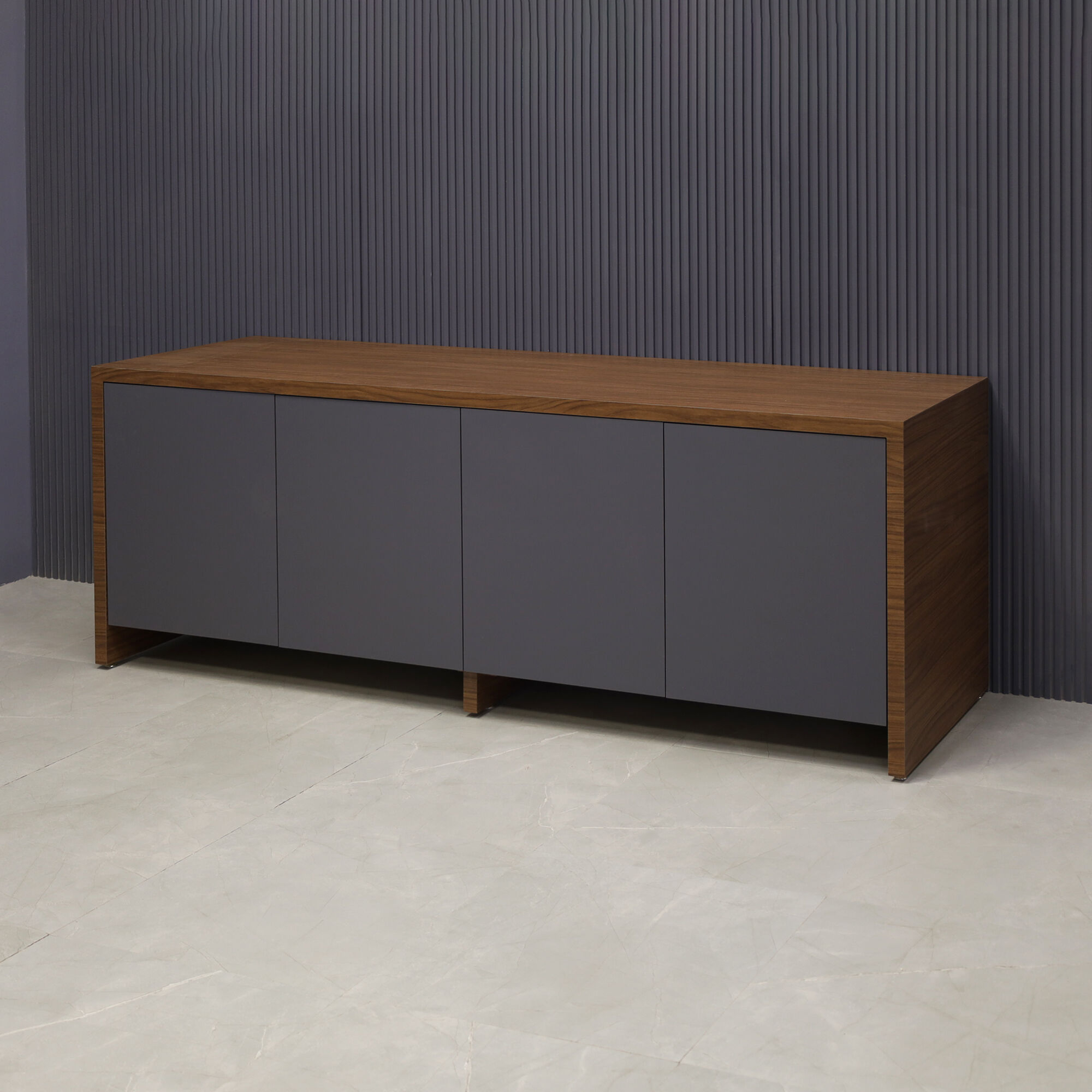 84-inch Boston Storage Credenza in walnut heights matte laminate credenza, and storm gray matte laminate doors.
