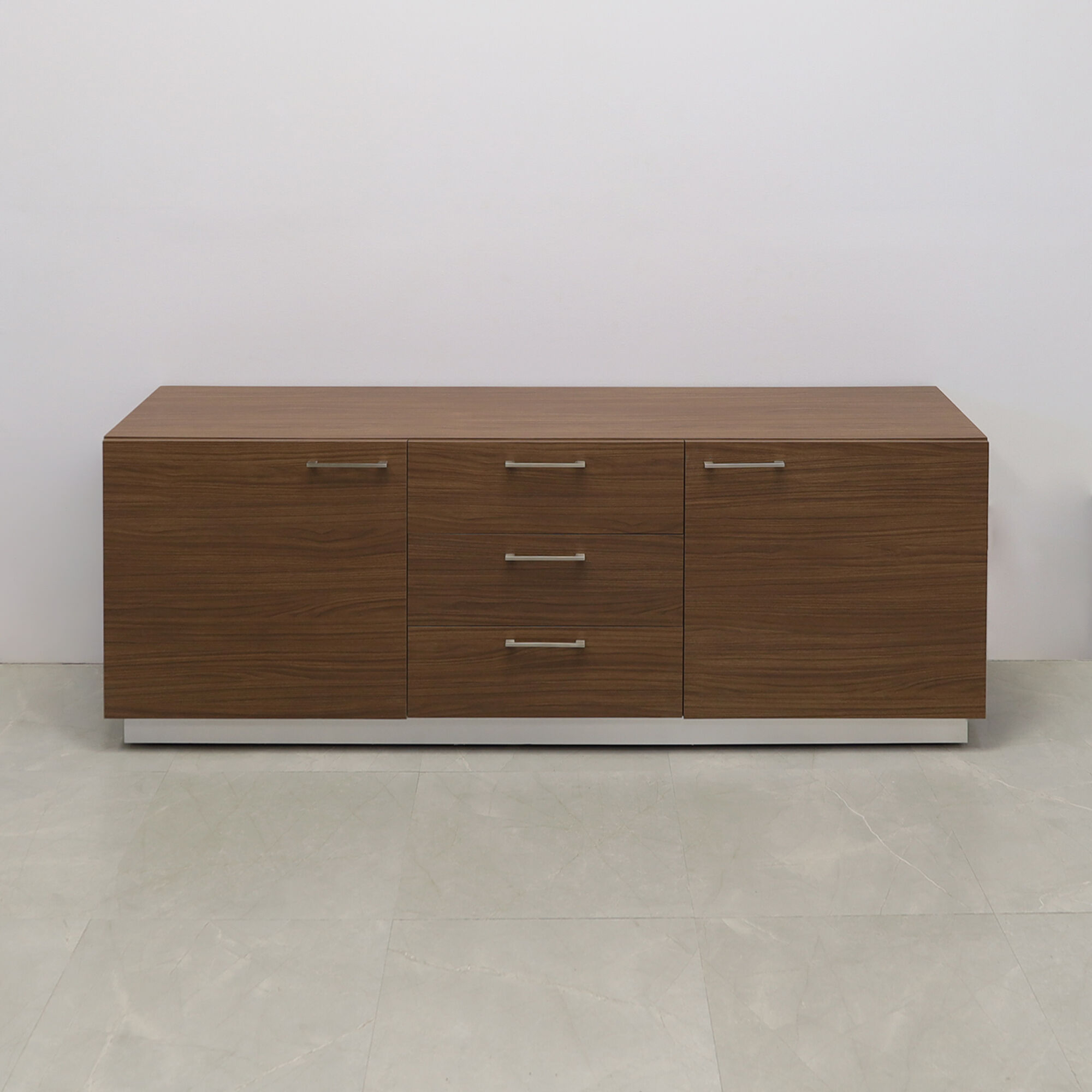 84-inch Manhattan Storage Credenza in walnut heights matte laminate credenza, front drawers & doors, and brushed aluminum toe-kick.
