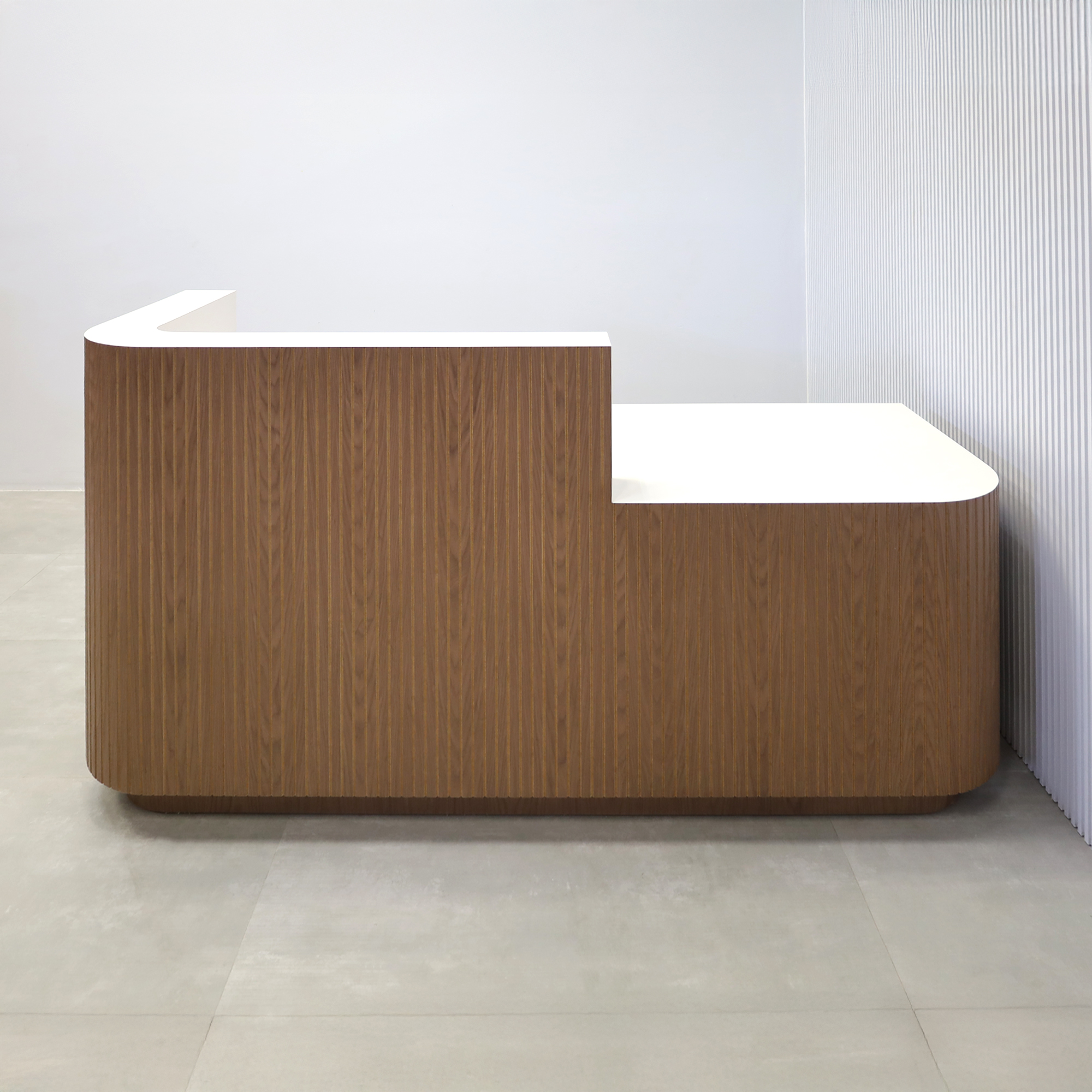 84-inch Nola Low Counter Reception Desk with white gloss laminate main desk, white gloss laminate front panel, and white gloss laminate accent recessed panel.