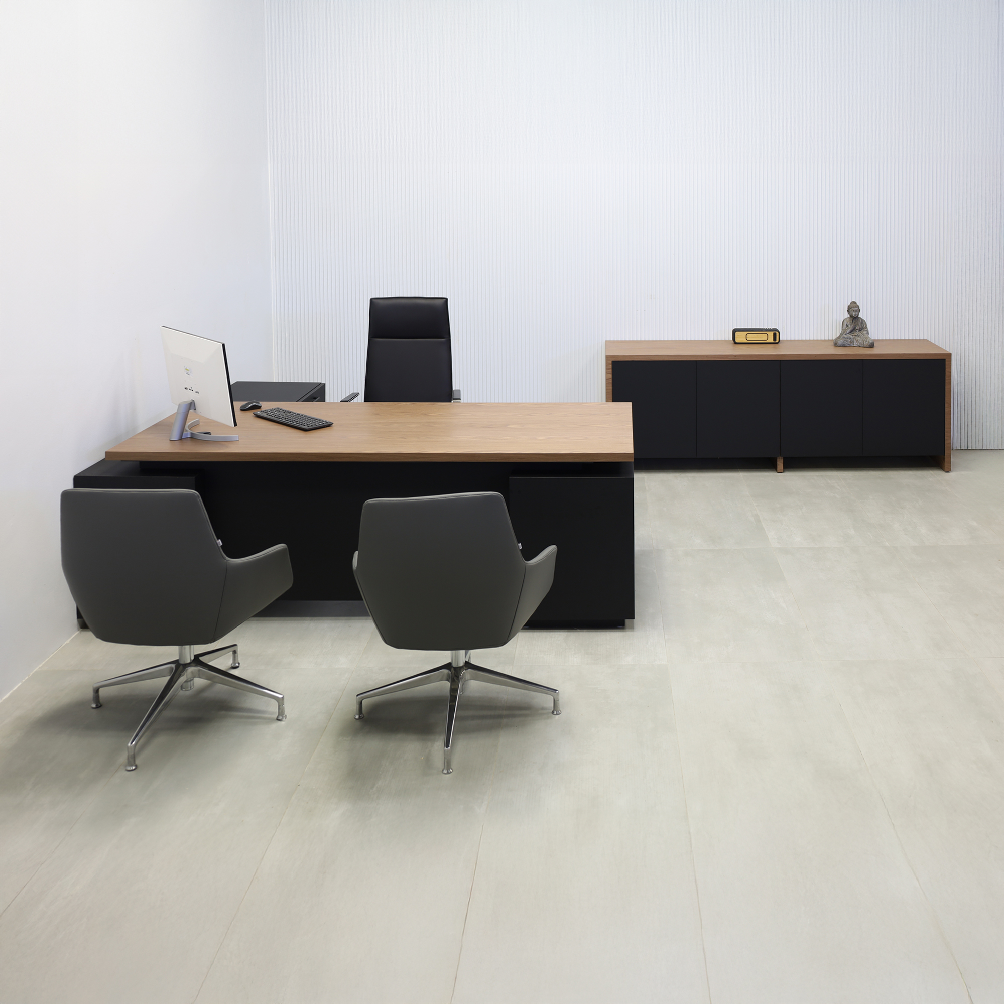 84-inch Napa Executive L-Shape Desk with walnut wood veneer top, black traceless laminate main body, and black traceless laminate toe-kick.