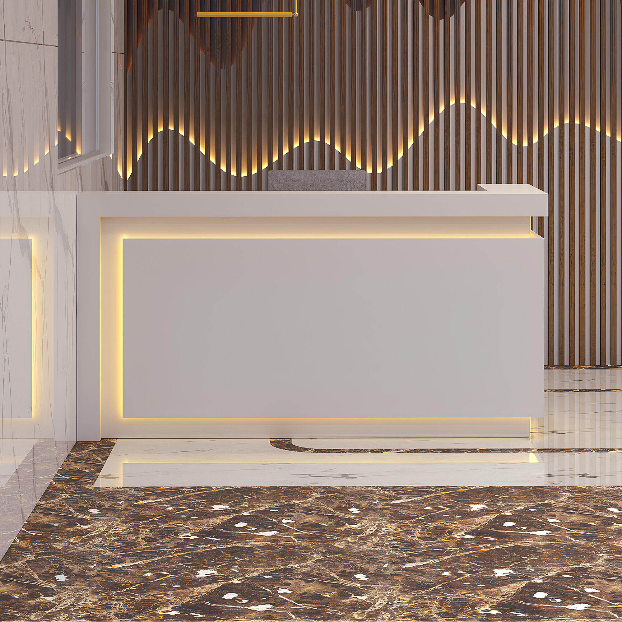 84-inch New York L-Shape Custom Reception Desk, right side l-panel when facing front, in white gloss laminate desk, with color LED, shown here.