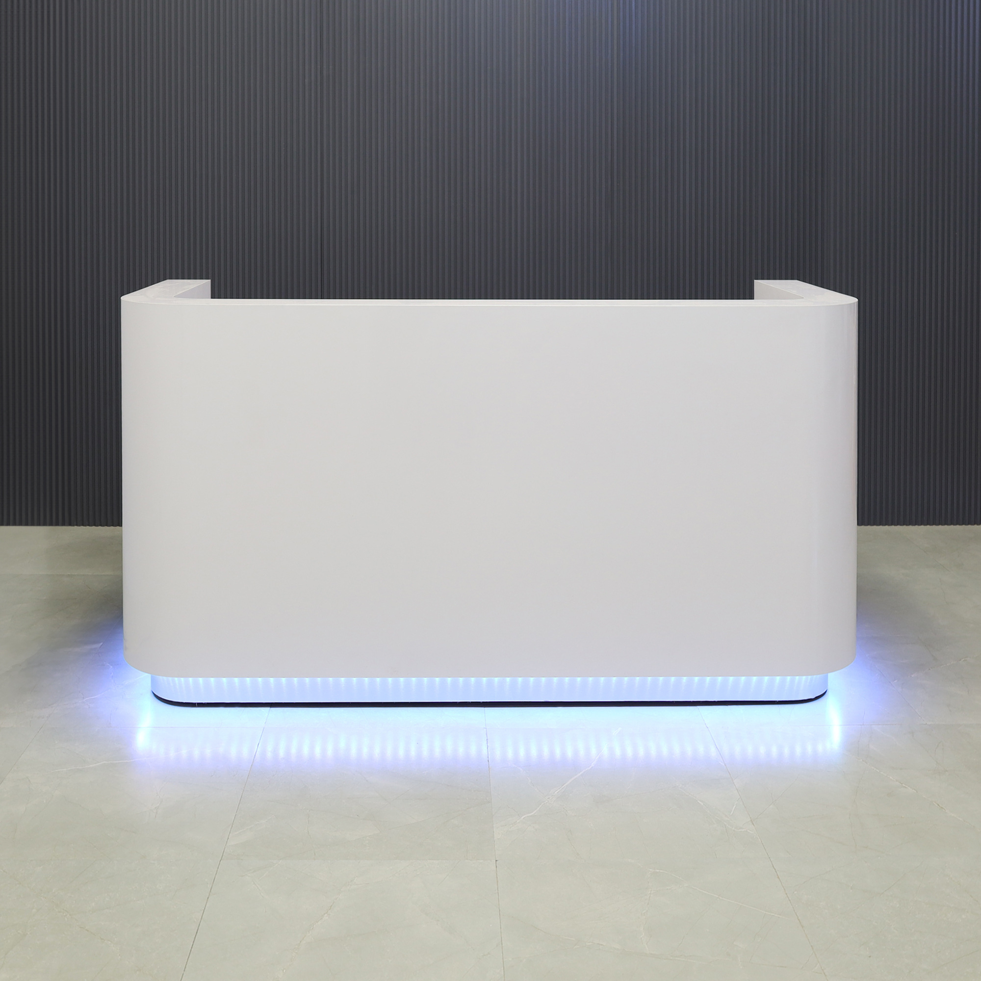 84-inch Nola Custom Reception Desk in white gloss laminate main desk, brushed aluminum toe-kick, and color changing LED.