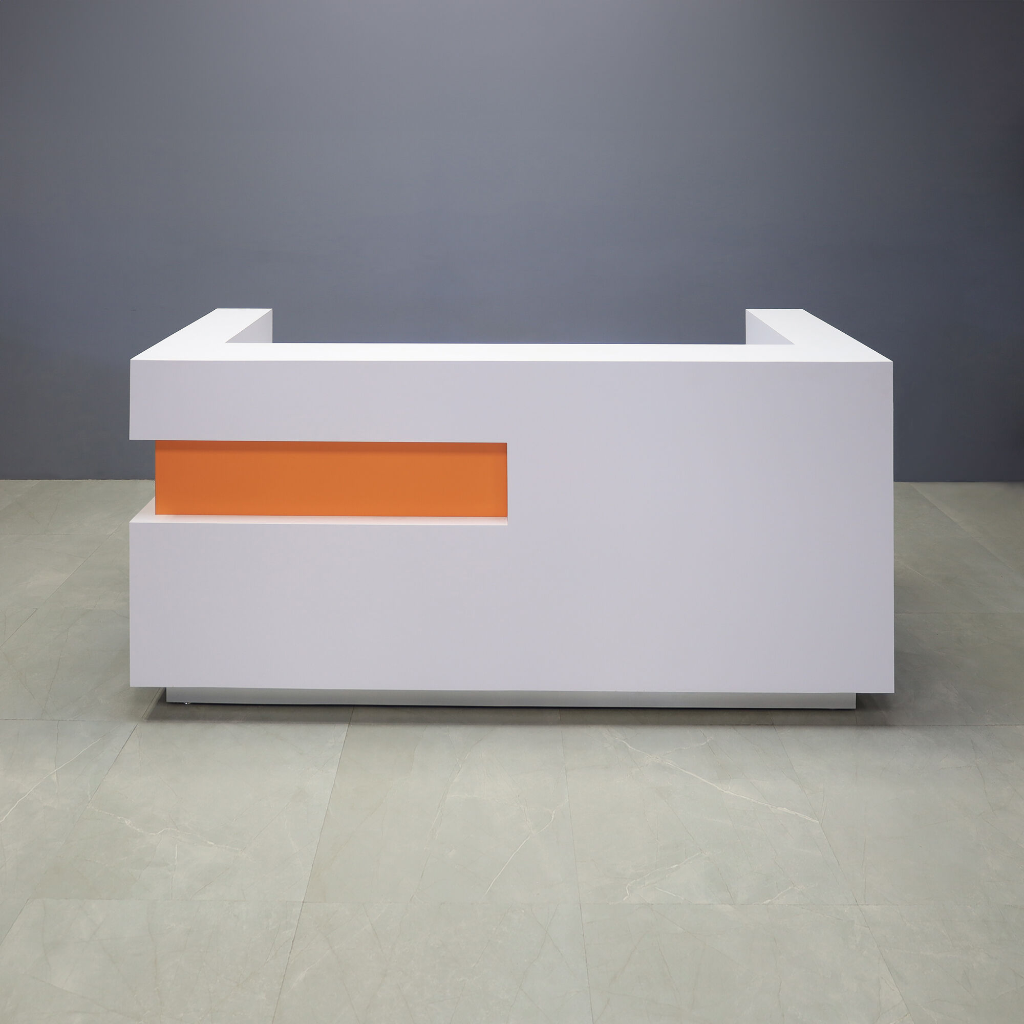 84-inch Manhattan U-Shape Custom Reception Desk in special orange laminate accent panel, and white matte laminate main desk, shown here.