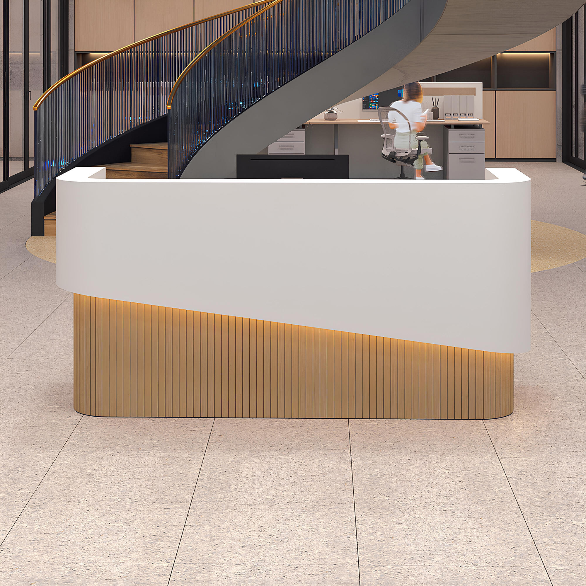 84-inch Nola Curved Custom Reception Desk in white matte laminate counter & inside desk, white oak tambour front desk, and warm white LED.