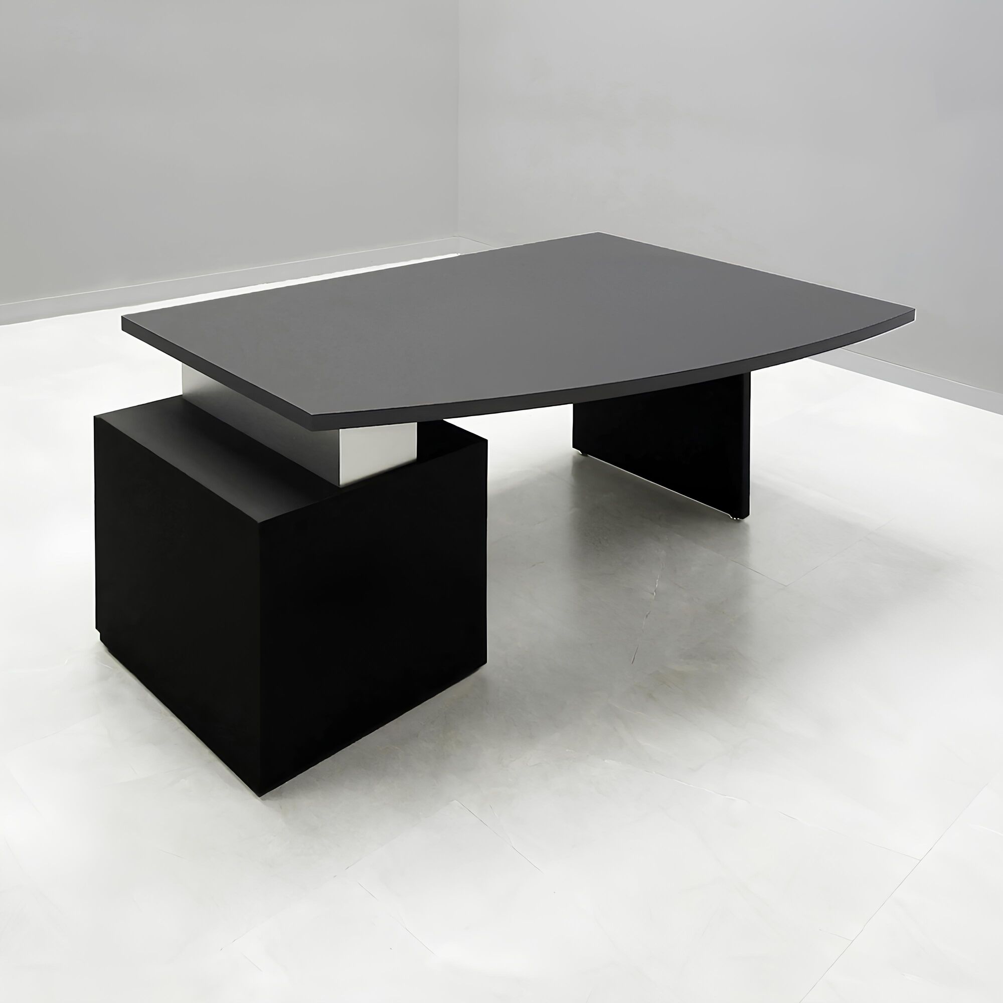 Avenue Curved Executive Desk With Laminate Top in black matte laminate top, base and storage shown here.