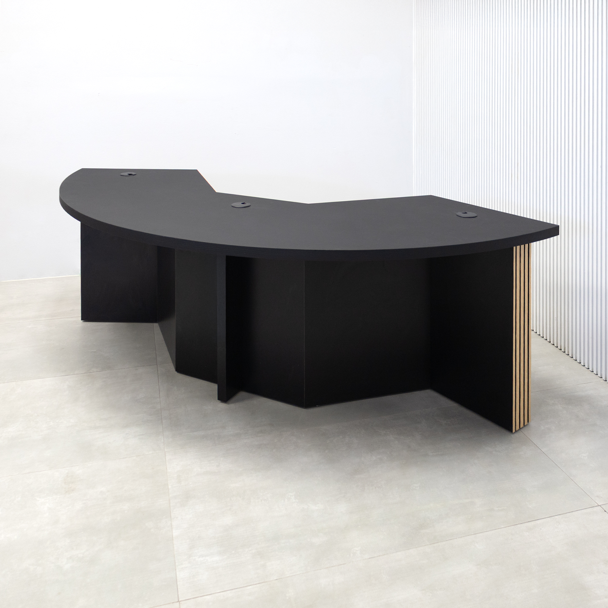 90-inch Tampa Bay Podcast Table with Black Cider matte laminate top, White Oak tambour & Black background front base, Black matte laminate back base. 