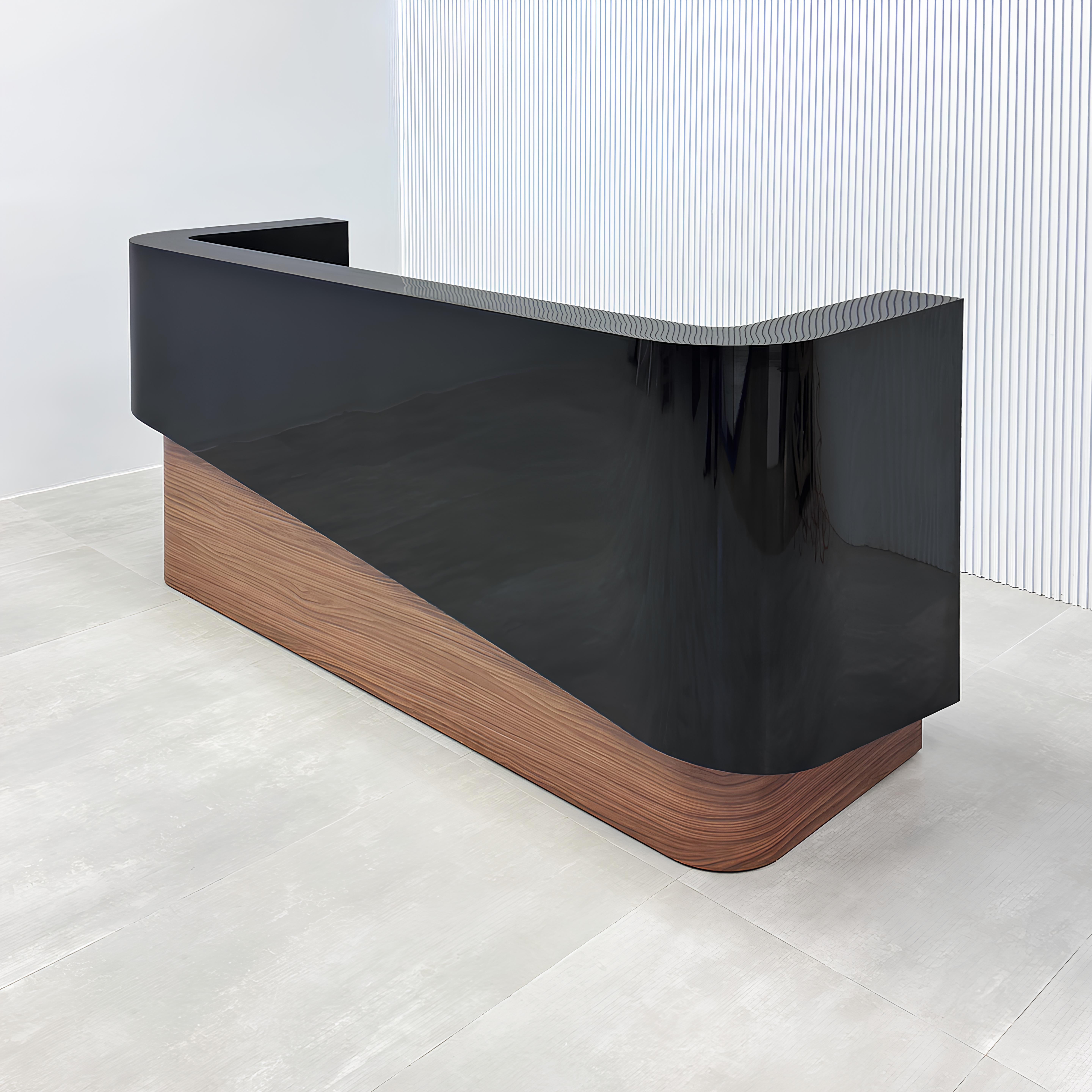 90-inch Nola Curved Custom Reception Desk with black gloss laminate counter & storage, walnut heights matte laminate bottom, black gloss laminate workspace, and white warm LED.