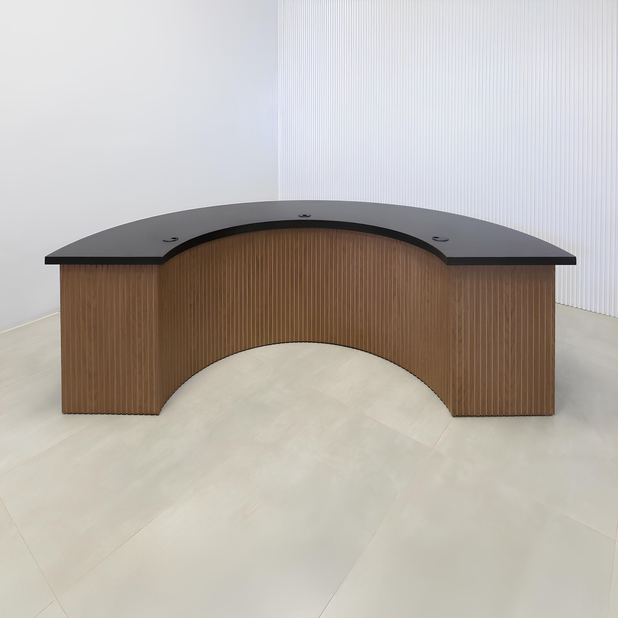 90-inch Handmade Podcast Table with black matte laminate top, walnut tambour & natural background front base, and black matte laminate back base.