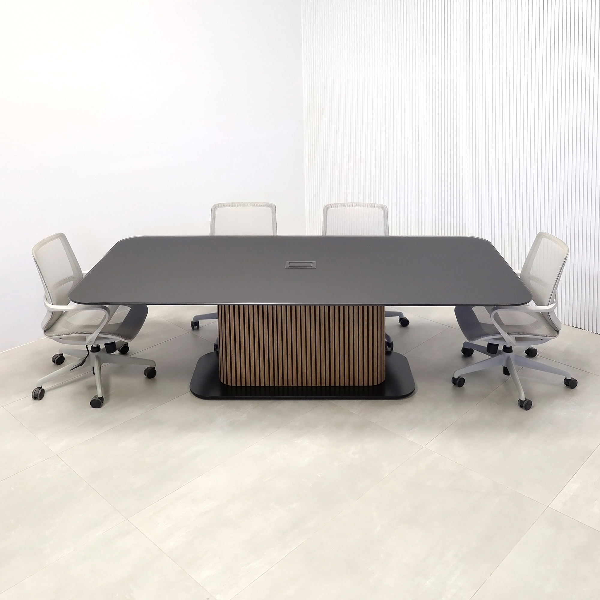 90-inch Omaha Racetrack Conference Table with X3 Base with Black Satin tempered glass top, Spiced Walnut & Black background tambour pedestal, Black powder coated base, and Mx2 power box.