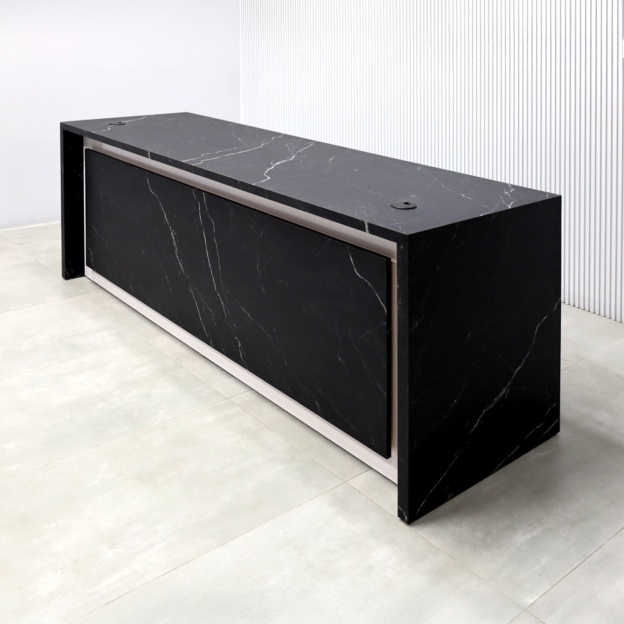 90-inch New York Retail Custom Reception Desk with Black Stone Palazzo laminate desk,  Black Stone Palazzo laminate front panel, White Gloss laminate accent recessed panel, and Colored LED. 