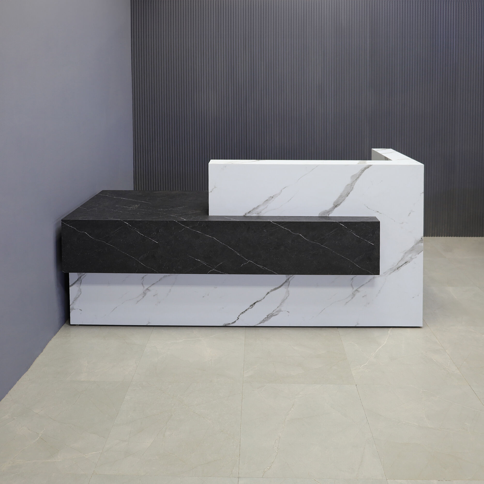 90-inch Atlanta Custom Reception Desk with the countertop & base on the right side when facing front covered in calcutta stone PVC, while the workspace and front panel are covered in black stone PVC.