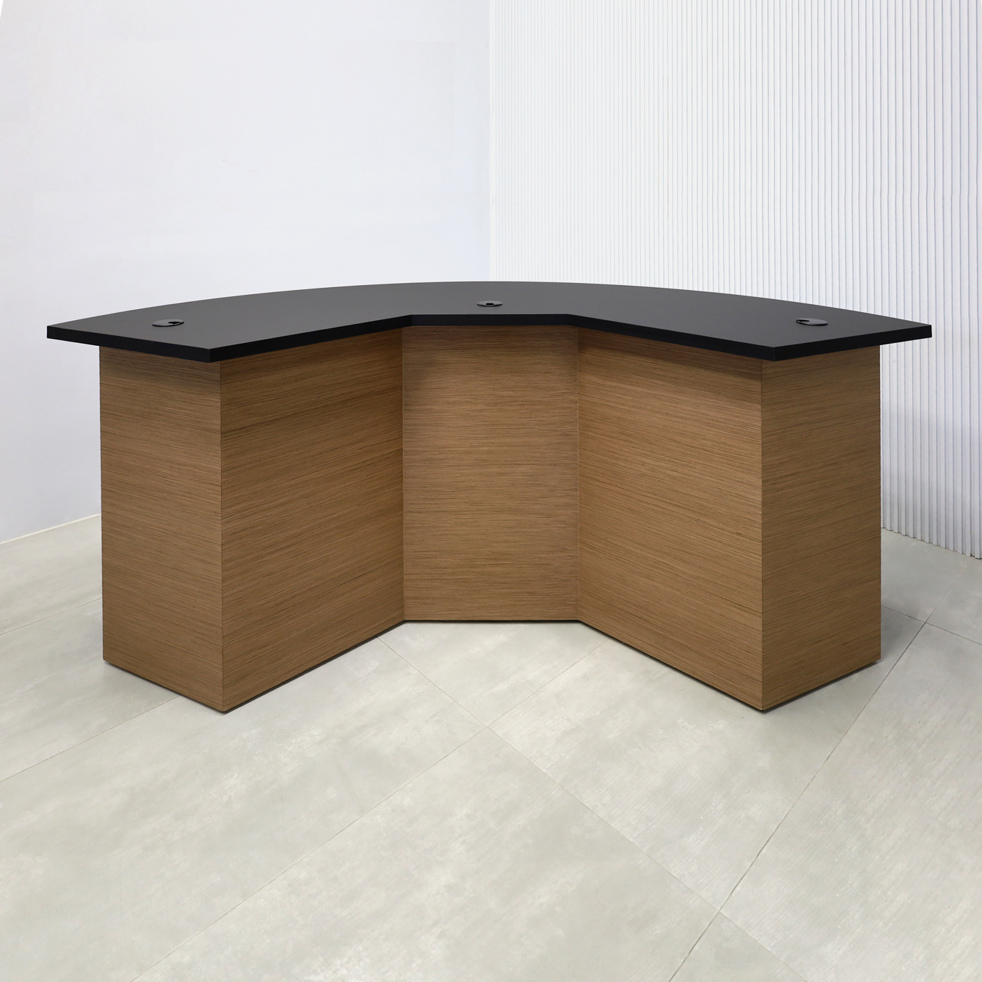 90-inch Tampa Bay Podcast Table with a Black, Traceless laminate top and a Spiced Walnut wood veneer base.