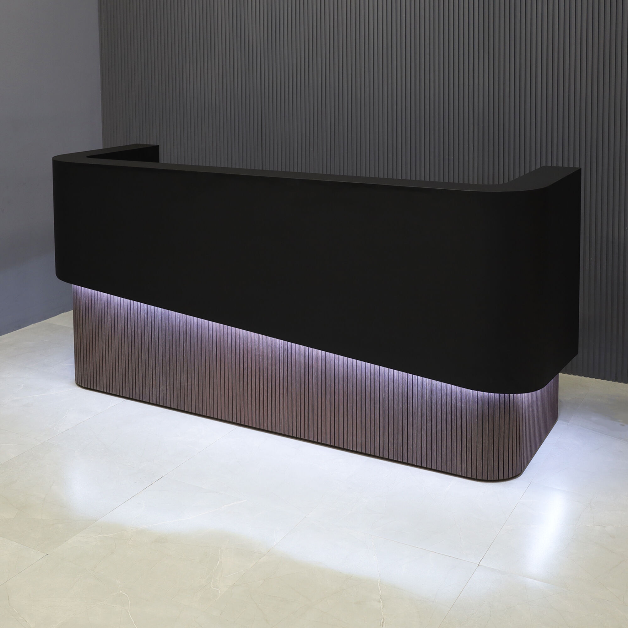 90-inch Nola Curved Custom Reception Desk in black traceless laminate counter & inside desk, DISCONTINUED tambour front desk, and warm white LED.