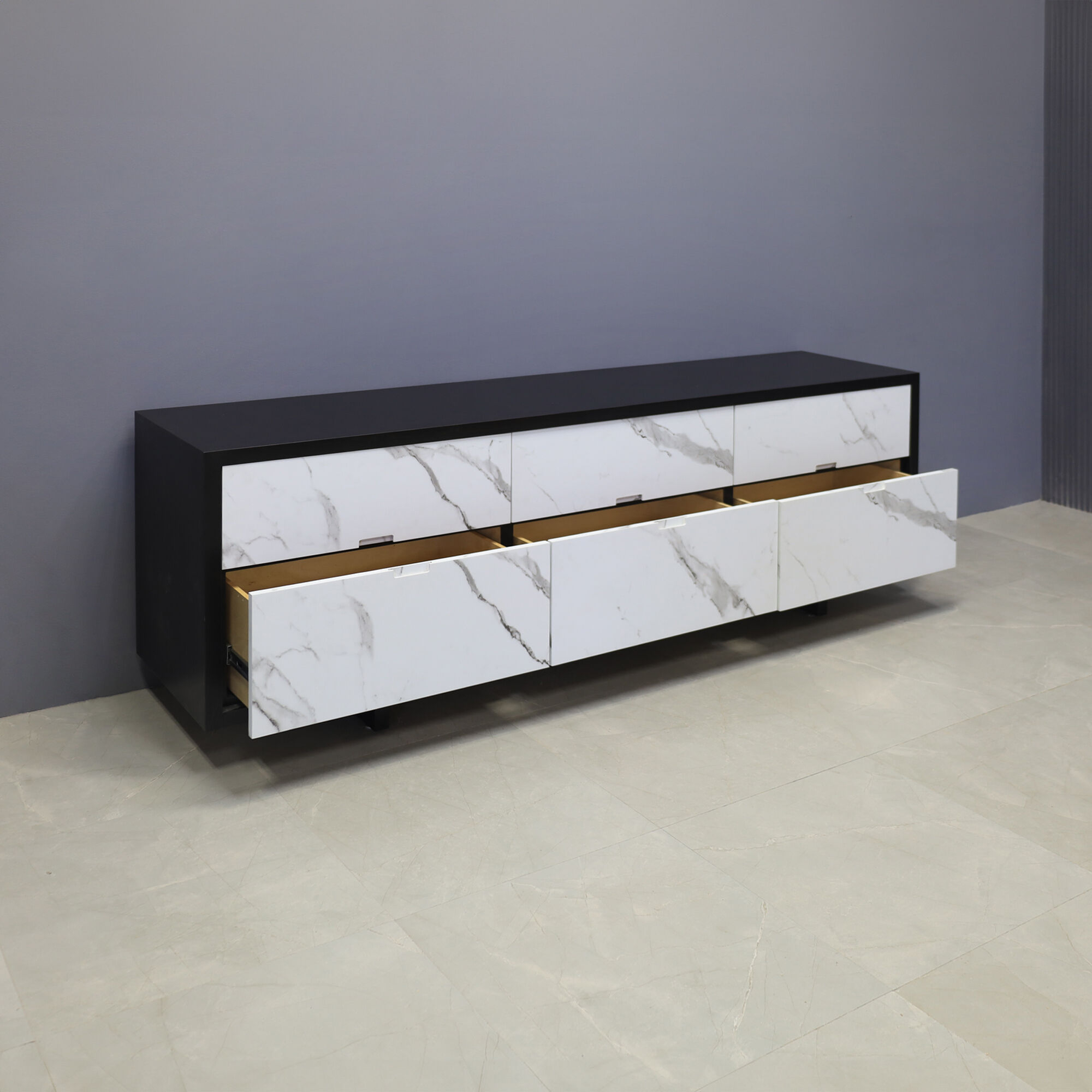 90-inch Seattle Storage Credenza in black traceless laminate credenza, and calcutta stone PVC laminate front drawers.