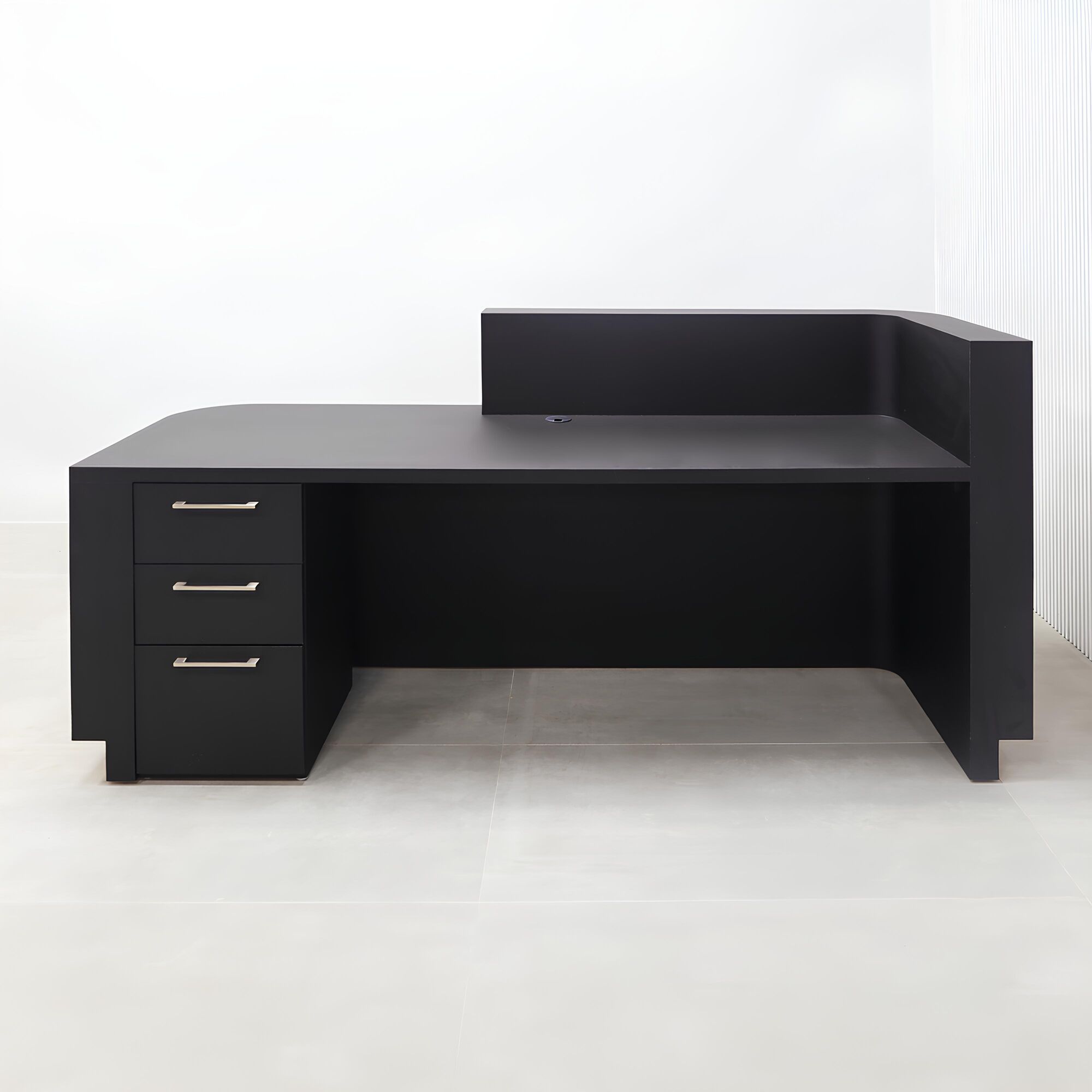 90-inch Nola Low Counter Reception Desk with black traceless laminate desk workspace white oak tambour front toe-kick.