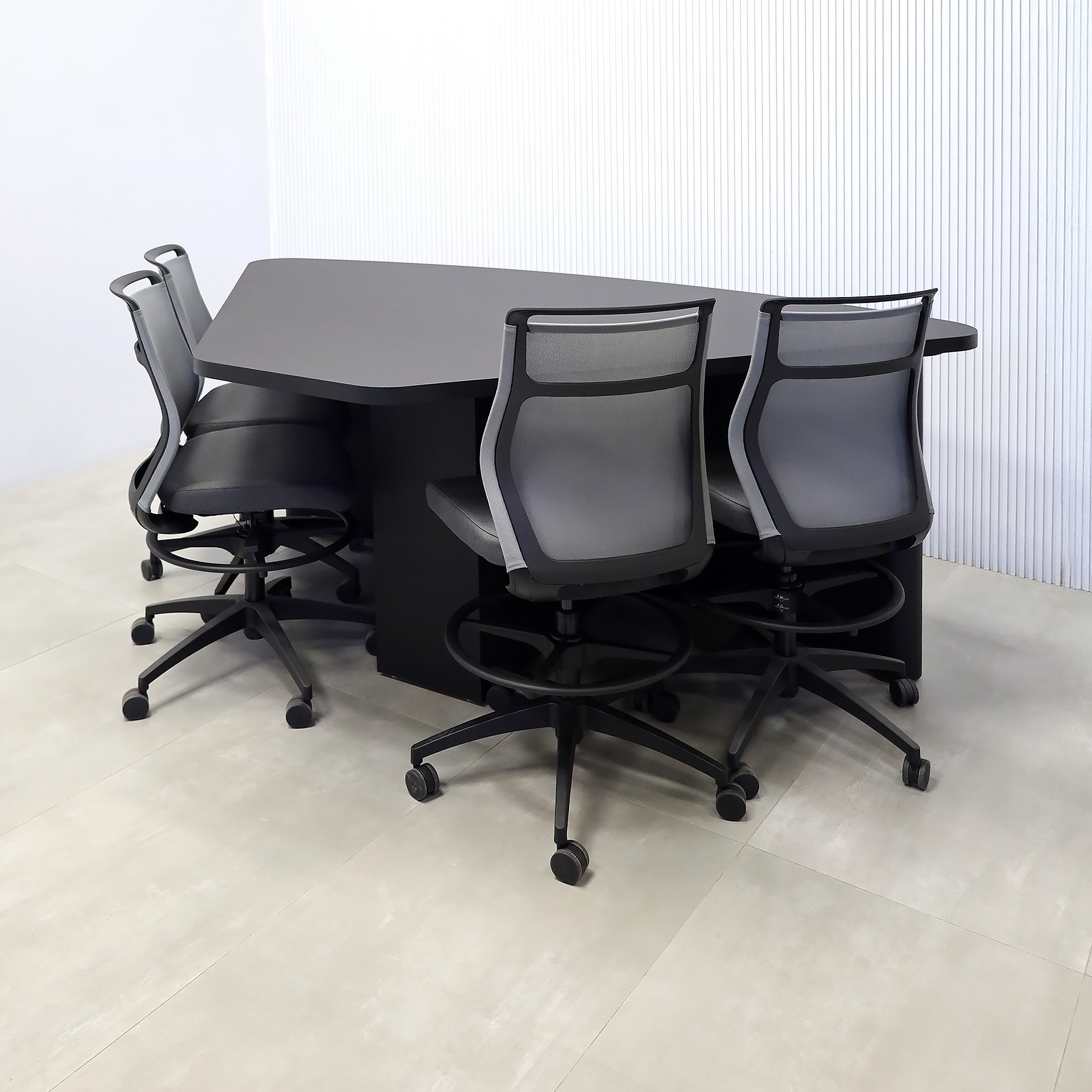 90-inch Madison Custom Podcast Table with Black Traceless laminate top, black traceless laminate base, and Colored LED.