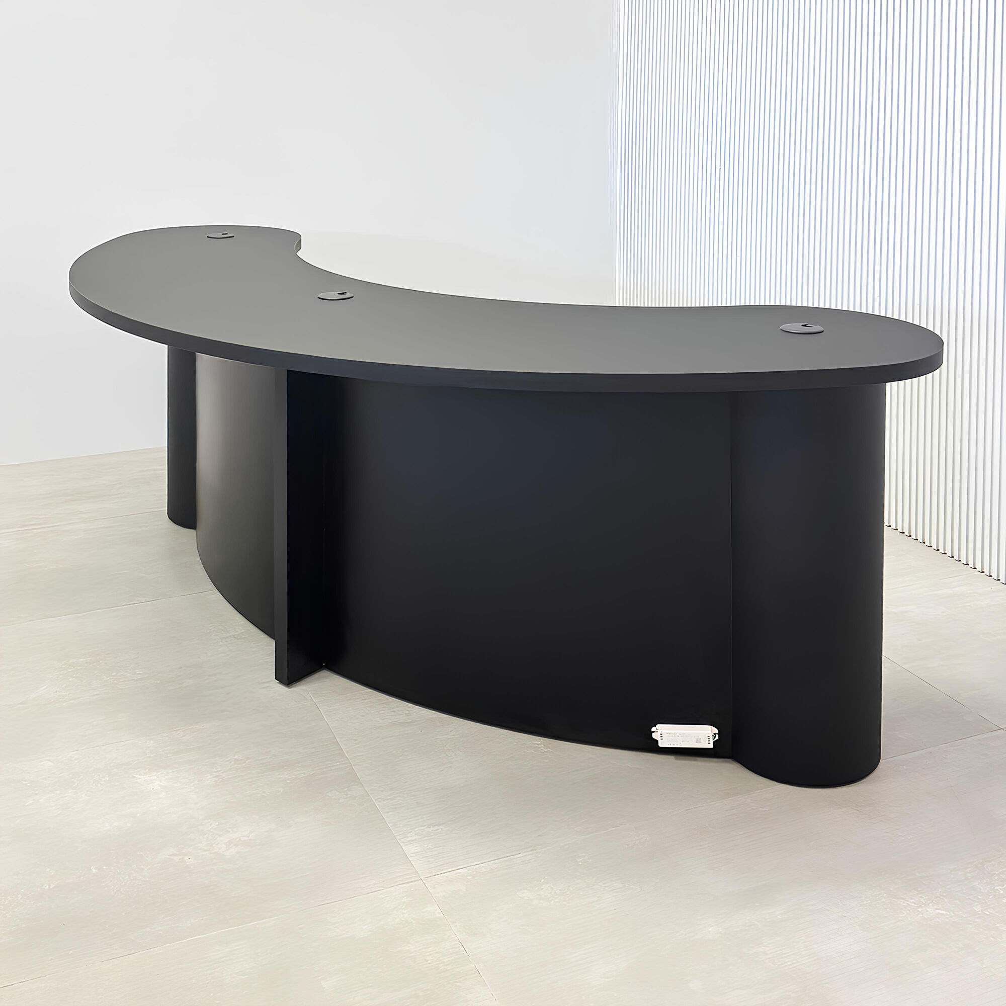 90-inch Rochester Custom Podcast Table with black traceless laminate top, black traceless laminate front of the base, black matte laminate back of the base, and warm white LED. 