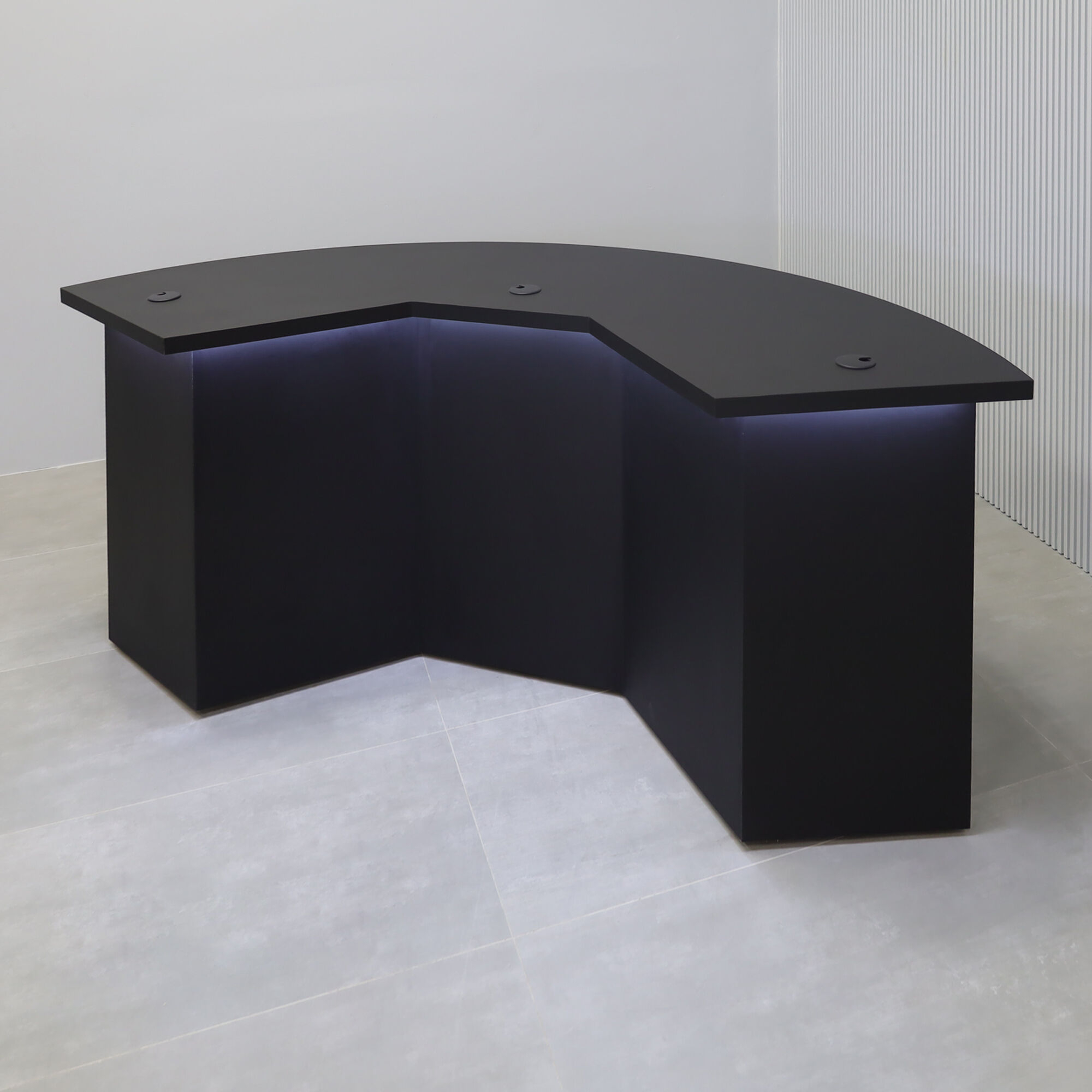 90-inch Tampa Bay Custom Handmade Podcast Table in BLACK TRACELESS laminate top & front base, and black matte laminate back base, with Color LED.