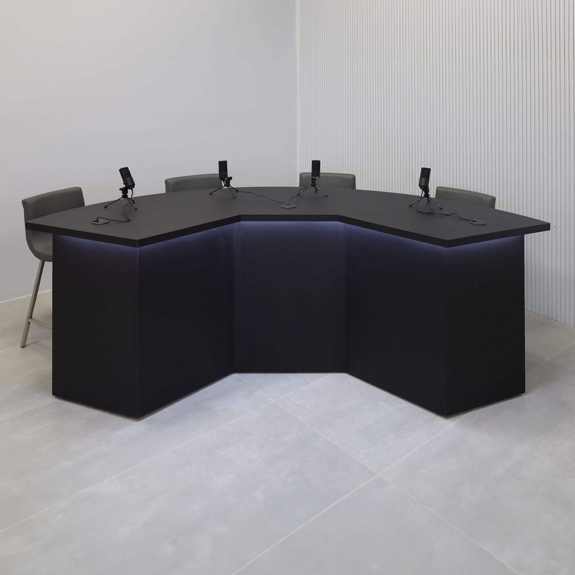 90-inch Tampa Bay Custom Handmade Podcast Table in BLACK TRACELESS laminate top & front base, and black matte laminate back base, with Color LED.