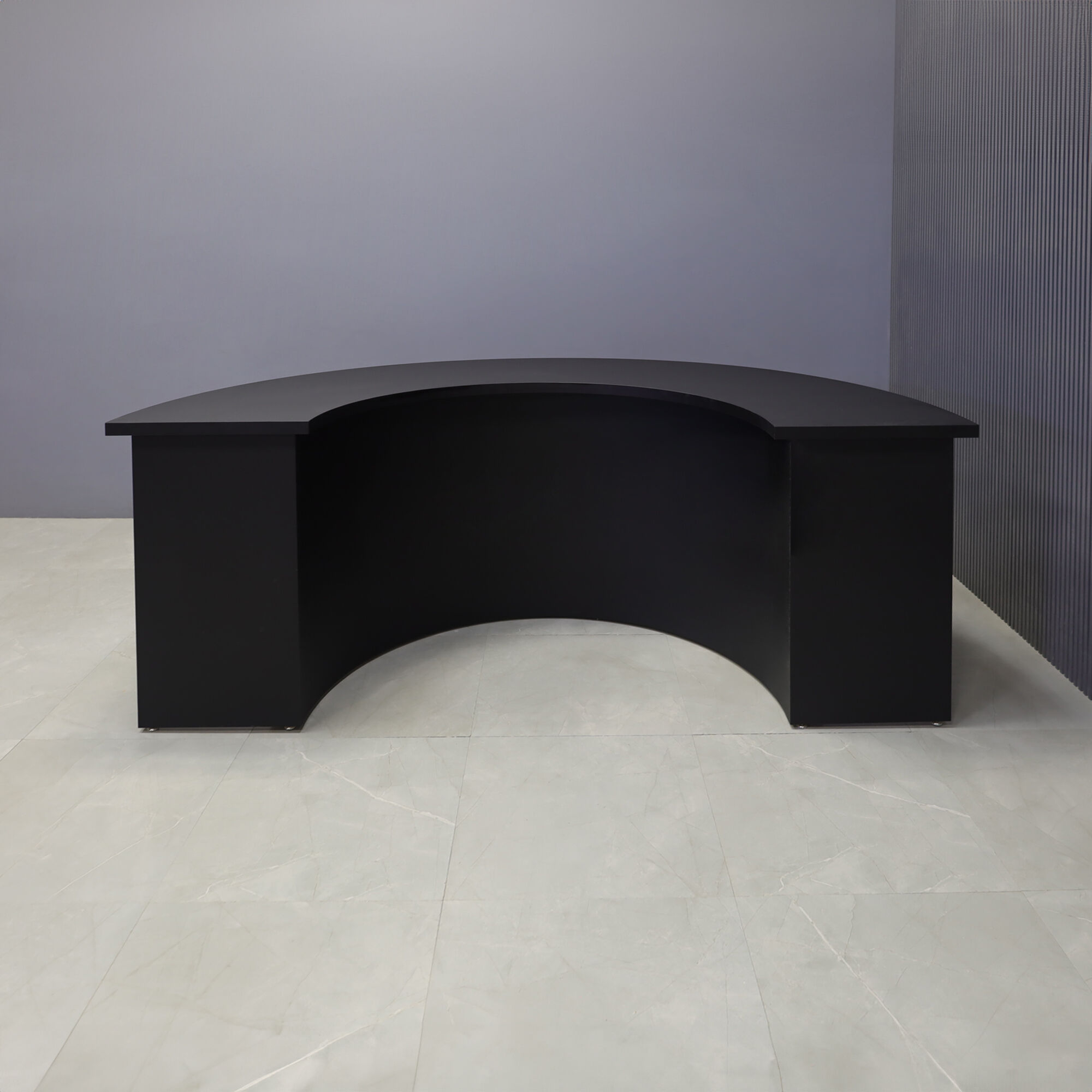 90-inch Handmade Custom Modern Podcast Table Half Moon in black traceless laminate top & front base, and black matte laminate back base.