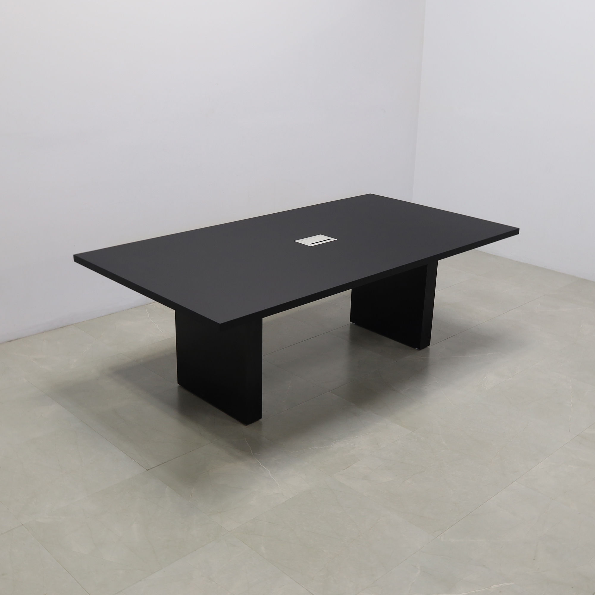 92 inches Newton Rectangular Conference Table in Black Traceless Laminate top and Black Matte Laminate base finish. Ellora power box, and six gray chairs shown here.