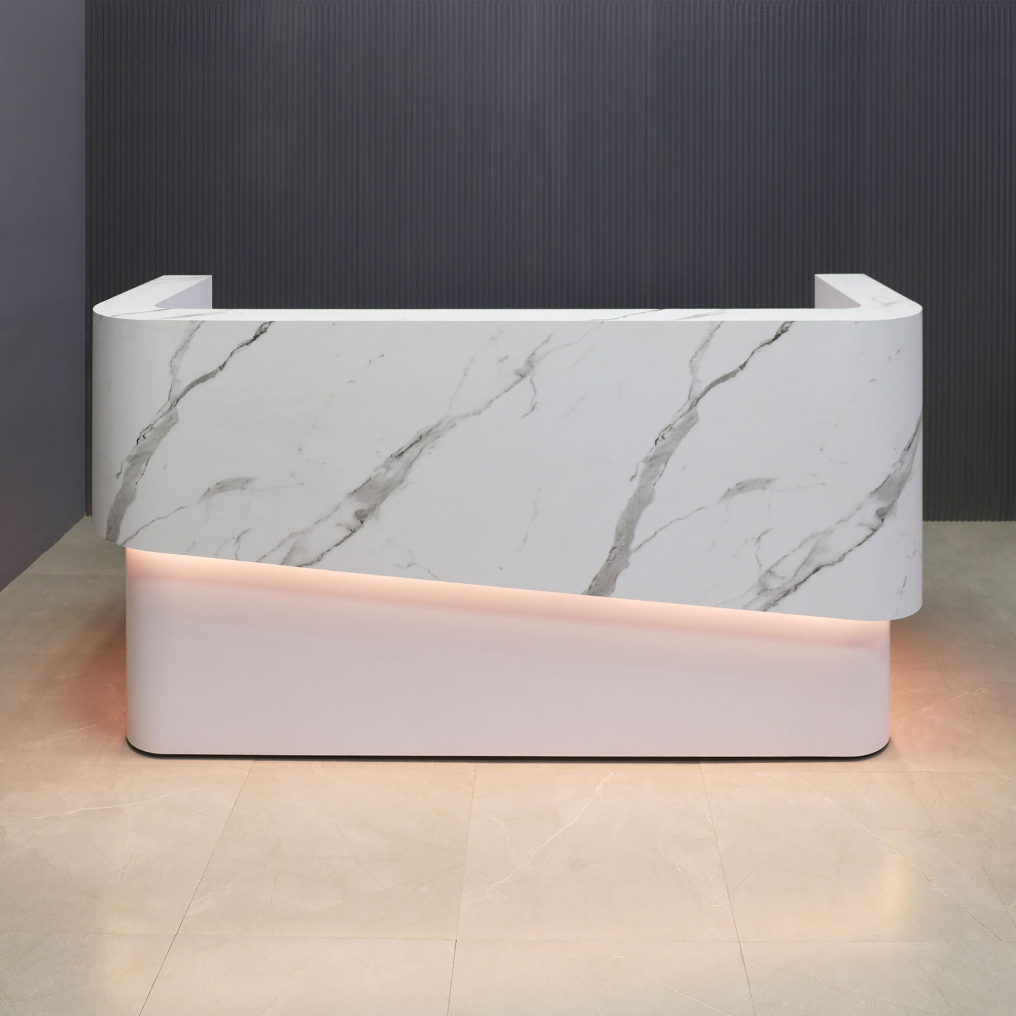 90-inch Nola Curved Reception Desk in calcutta stone PVC counter, white gloss laminate bottom, and warm white LED.