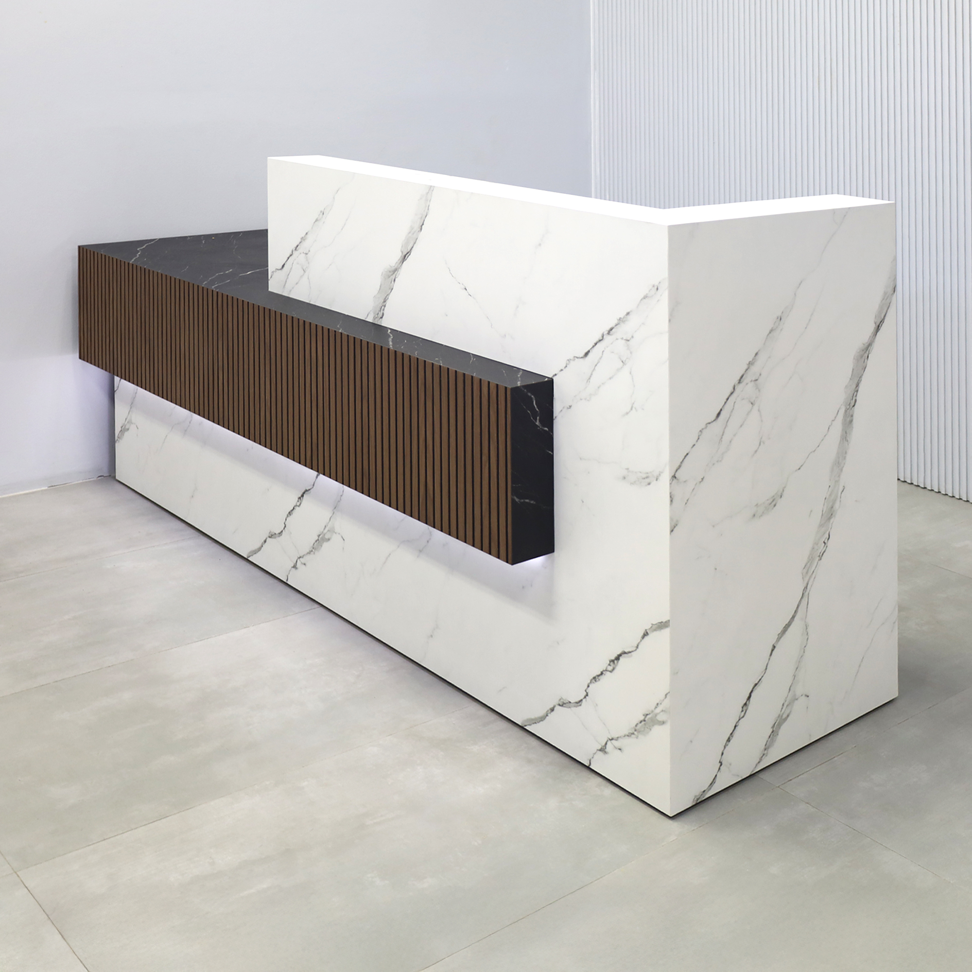 90_Atlanta Reception Desk with Calcutta Stone PVC laminate workspace, Black Stone Palazzo laminate front & counter, Walnut Veneer Tambour & Black Background front accent, and white LED.
