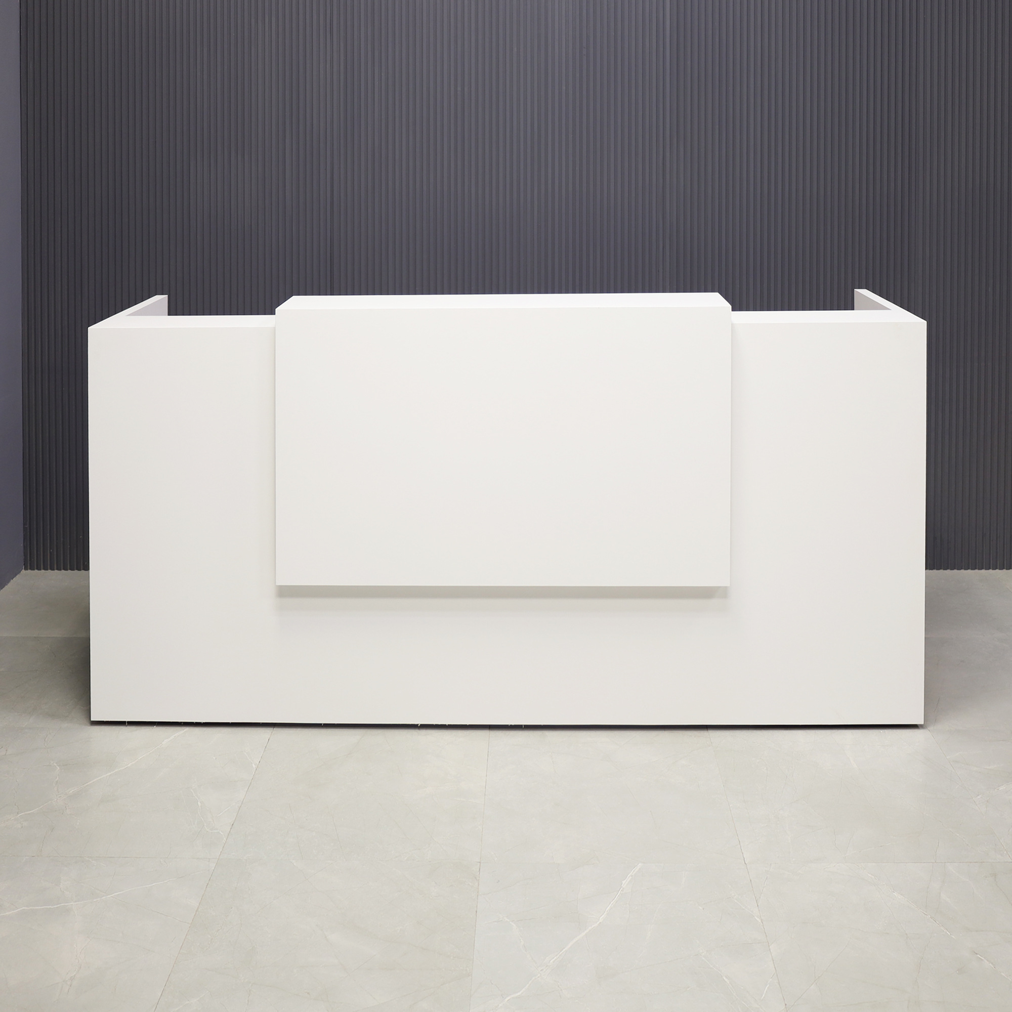 90-inch Chicago Custom Reception Desk in dover off-white matte laminate counter and desk, shown here.