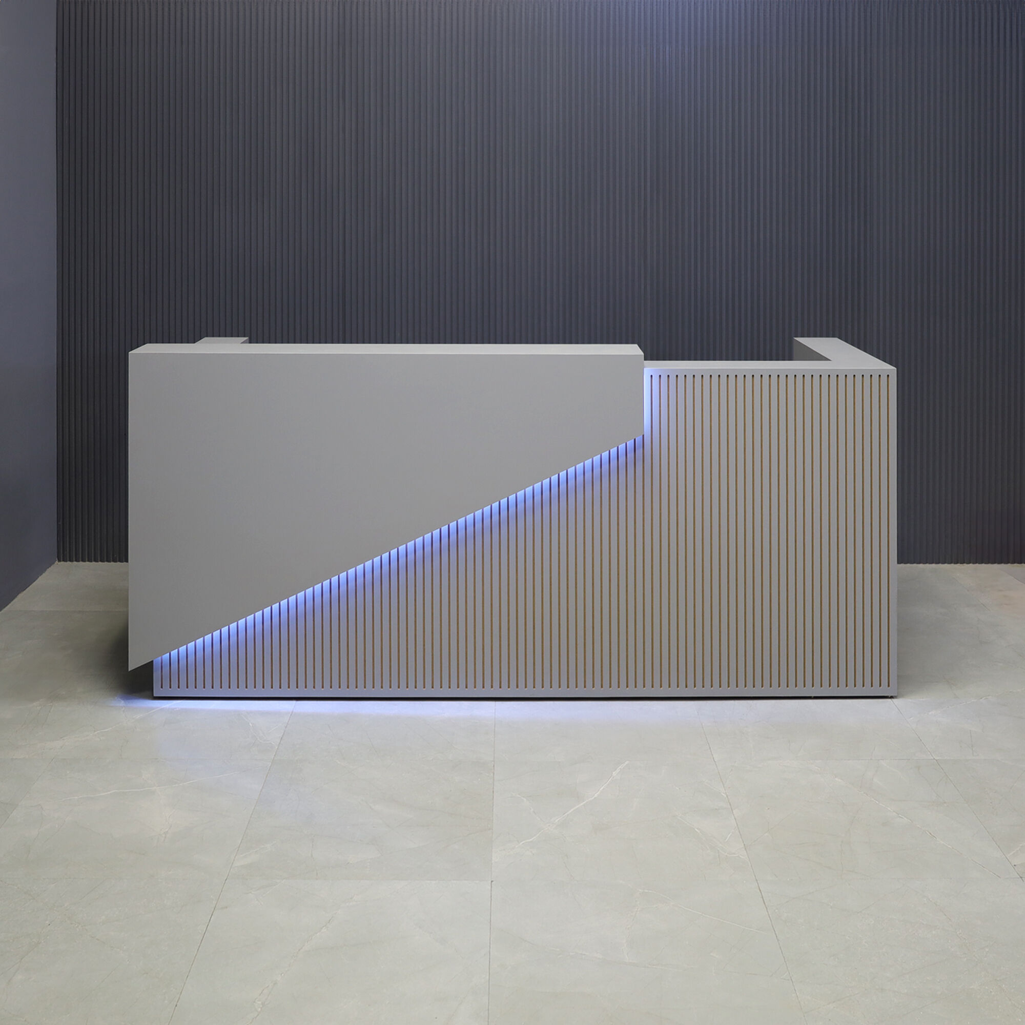 90-inch Miami Custom Reception Desk in fog gray matte laminate counter, grooved front panel and desk, with color LED shown here.