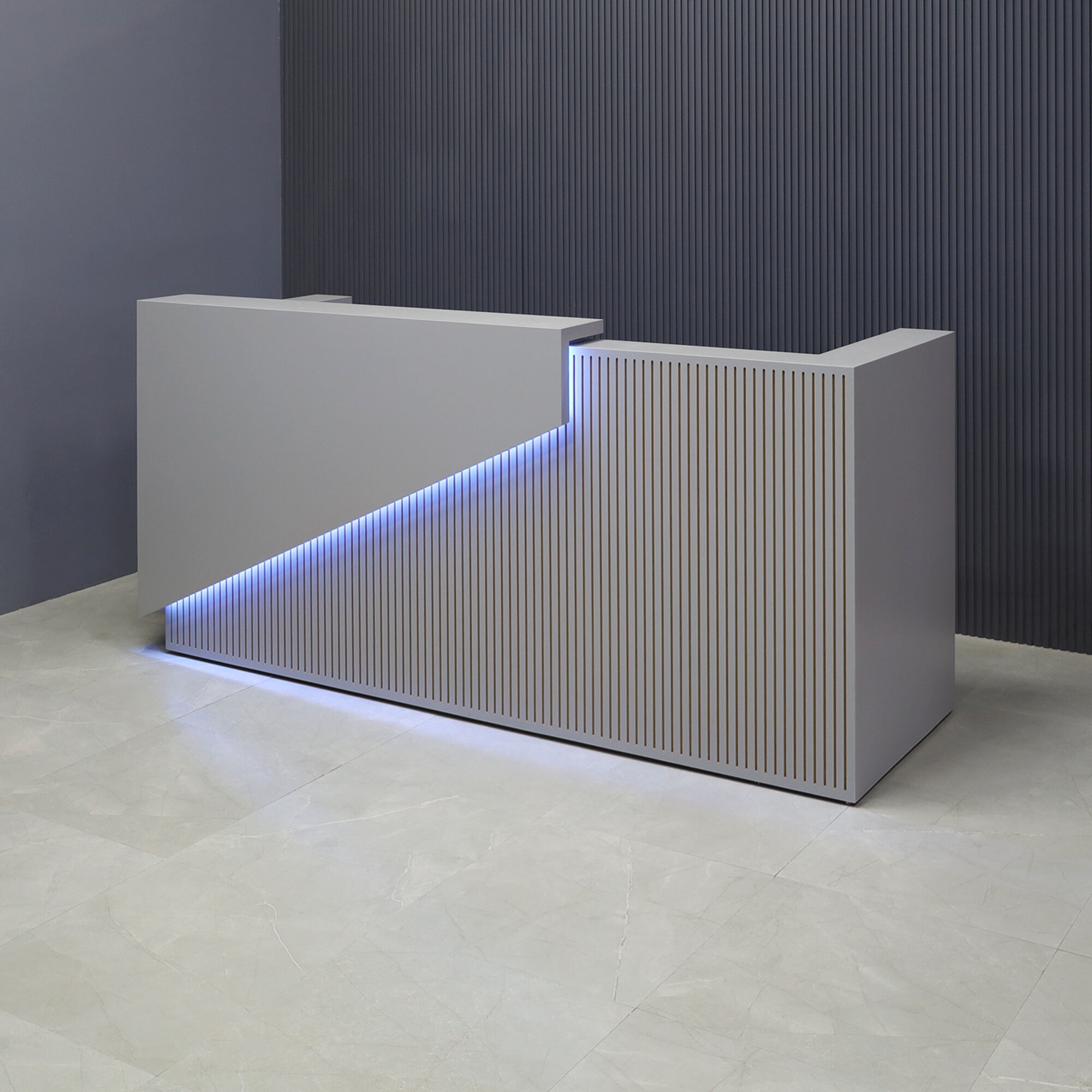 90-inch Miami Custom Reception Desk in fog gray matte laminate counter, grooved front panel and desk, with color LED shown here.