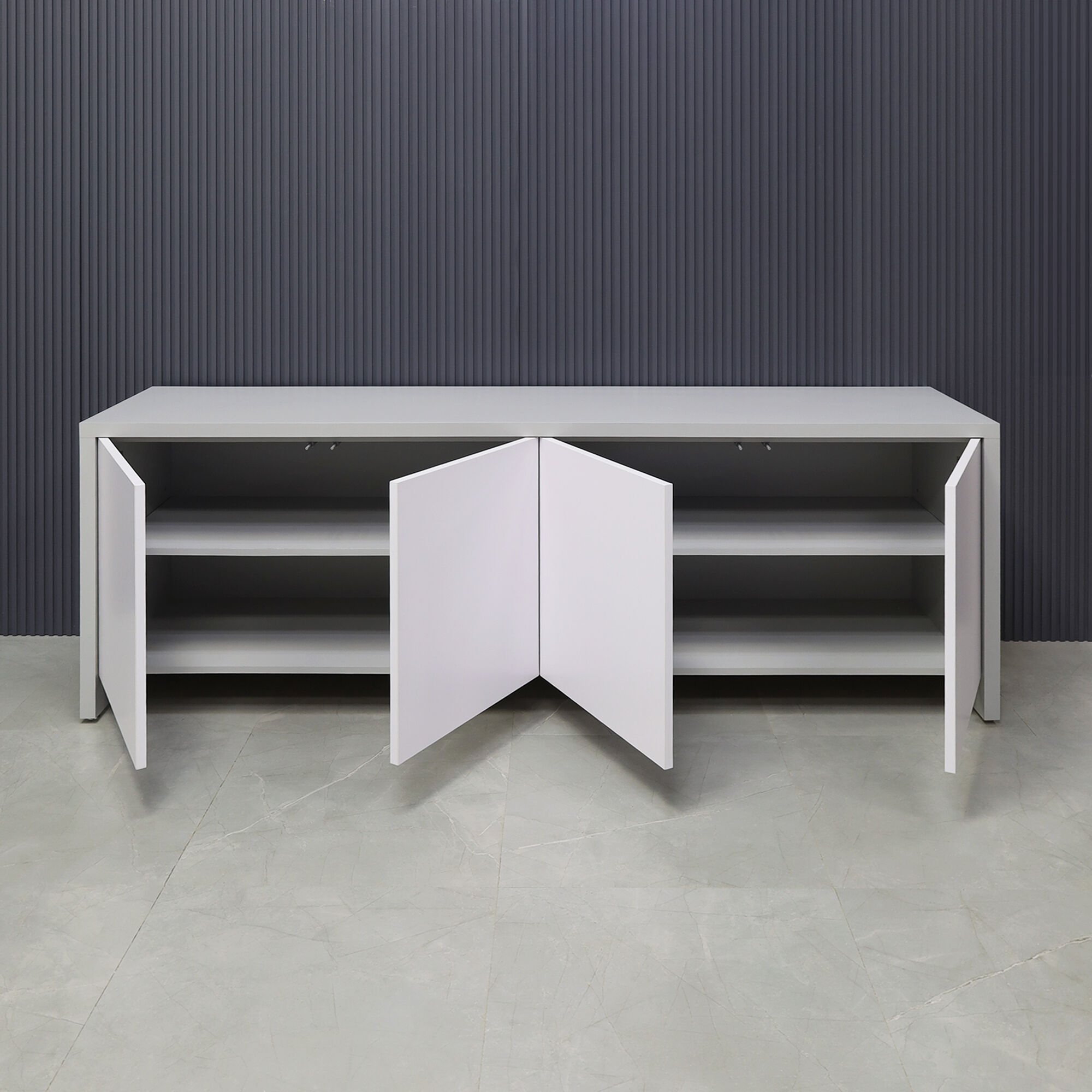 90-inch Boston Storage Credenza in folkstone gray matte laminate credenza, and white matte laminate doors.