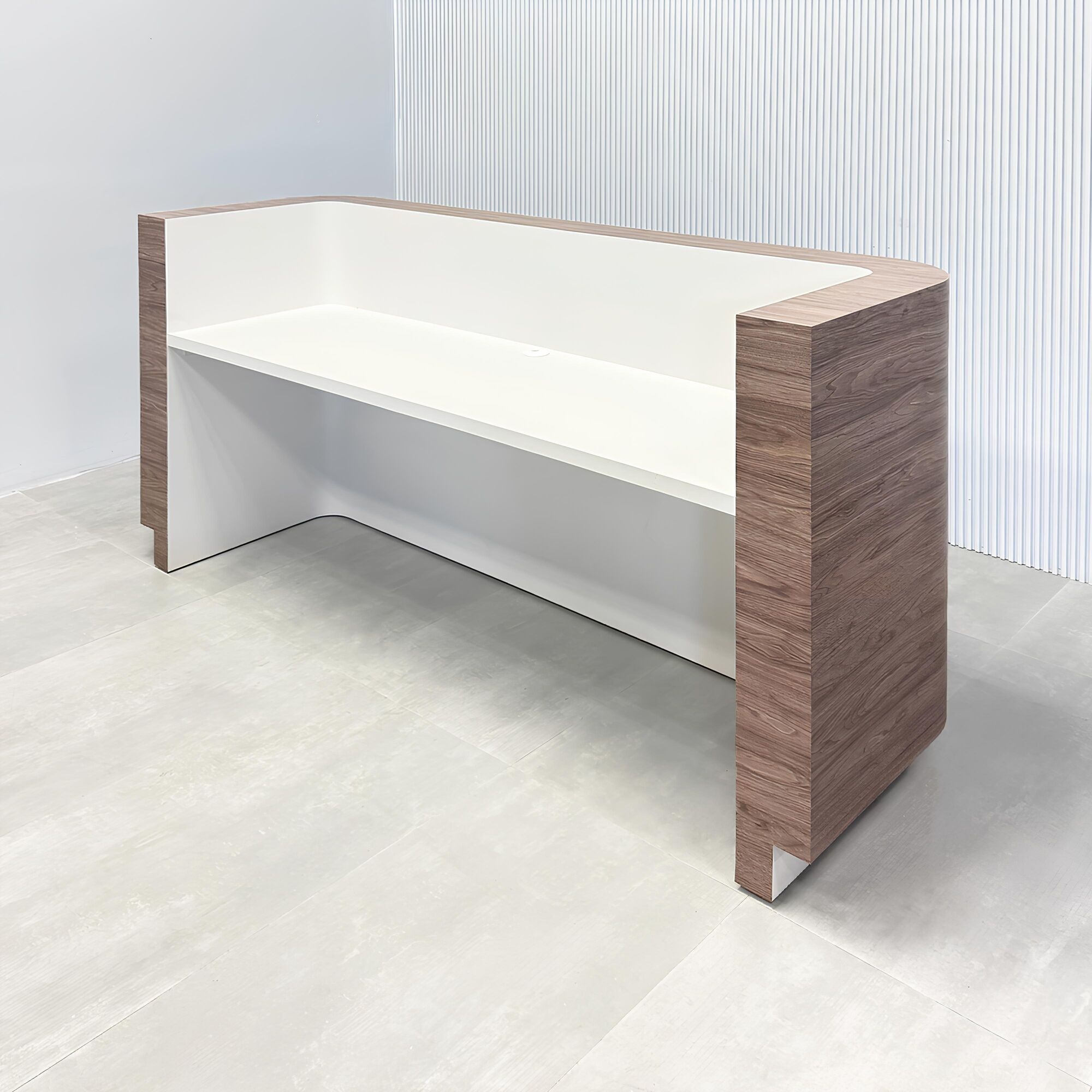 90-inch Nola Custom Reception Desk with hazel walnut matte laminate main desk, dover off-white workspace, dover off-white toe-kick, and warm white LED.