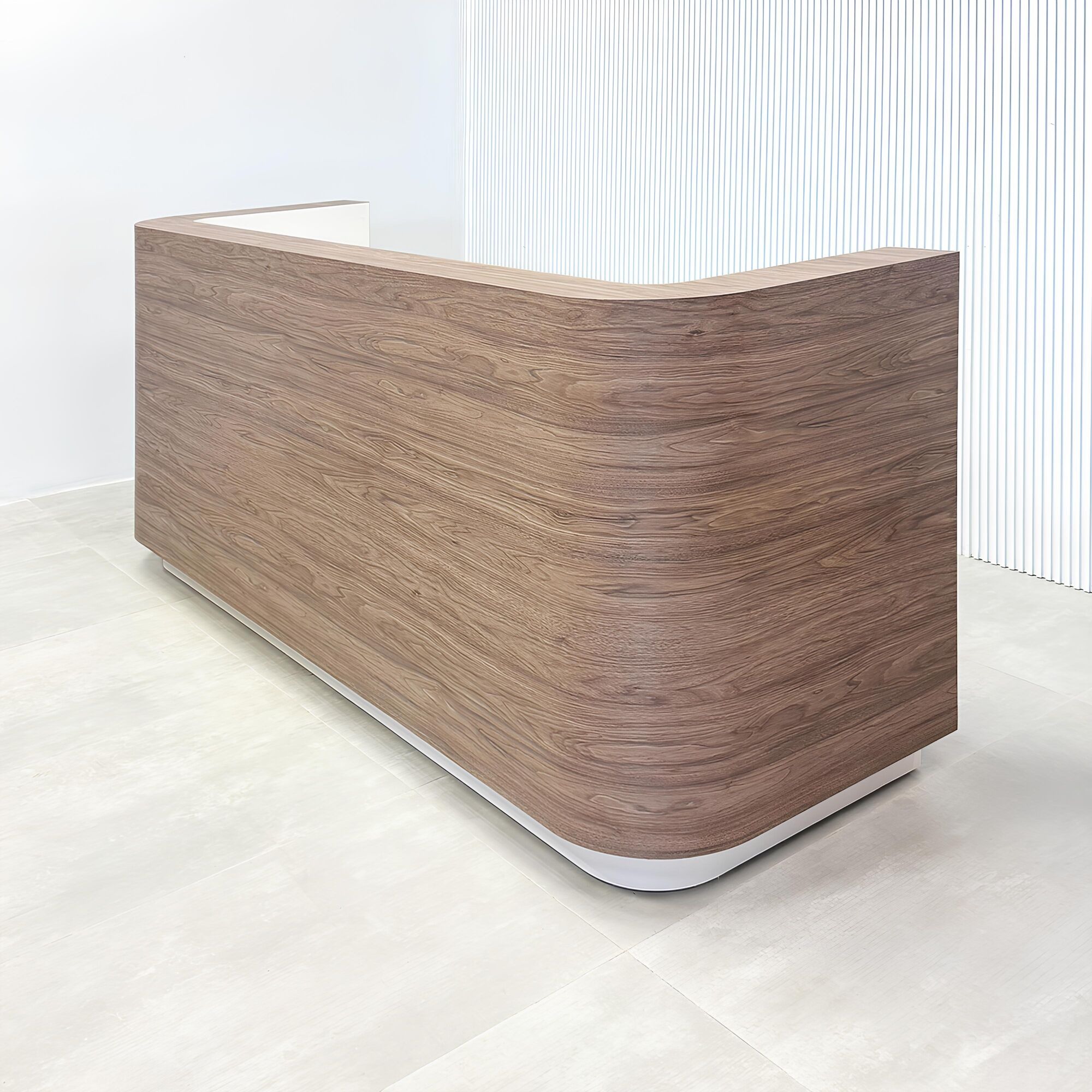 Nola Custom Reception Desk with hazel walnut matte laminate main desk, dover off-white workspace, and dover off-white toe-kick.